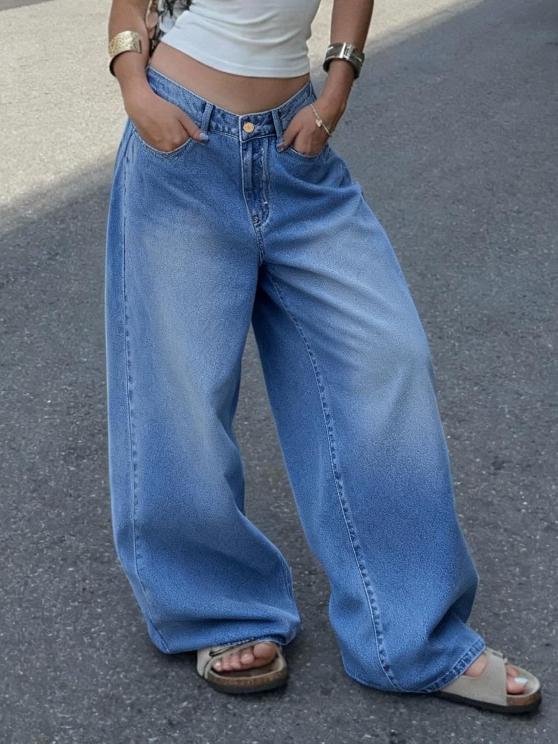 Adjustable Waist Straight Leg Jeans for Women Y2K Baggy Jeans with Snap-Button Mid Low Rise Denim Pants - Image 3