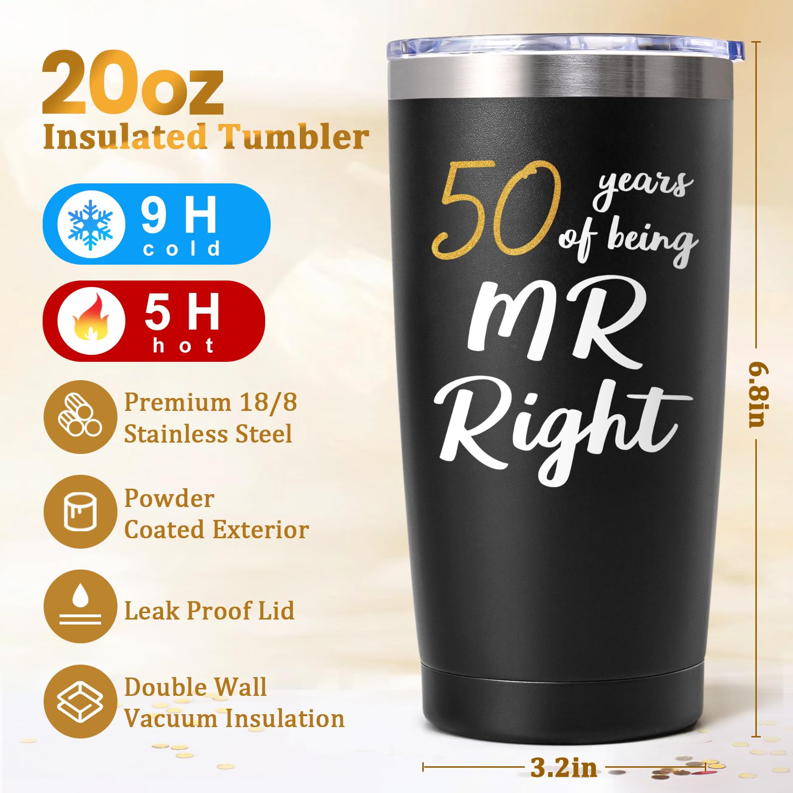 Lifecapido 50th Wedding Gifts, Couple Gifts Ideas for Parents Friends Hunsband Wife, 50th Mr Right & Mrs Always Right Tumbler Set with Lid & Straw(20oz, Black & White)