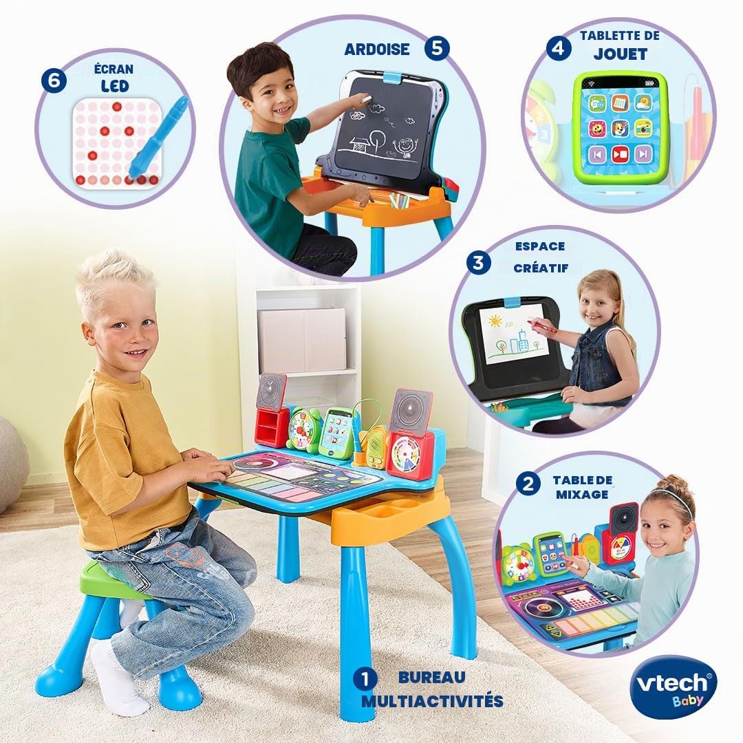 VTech Bureau Multi-activités 6 en 1 Centre éducatif interactif, Jouet pour Enfants à partir de 3 Ans, Tableau Noir, Musique, Bloc-Notes, Tablette et Tabouret, Lettres, Chiffres, Version ESP