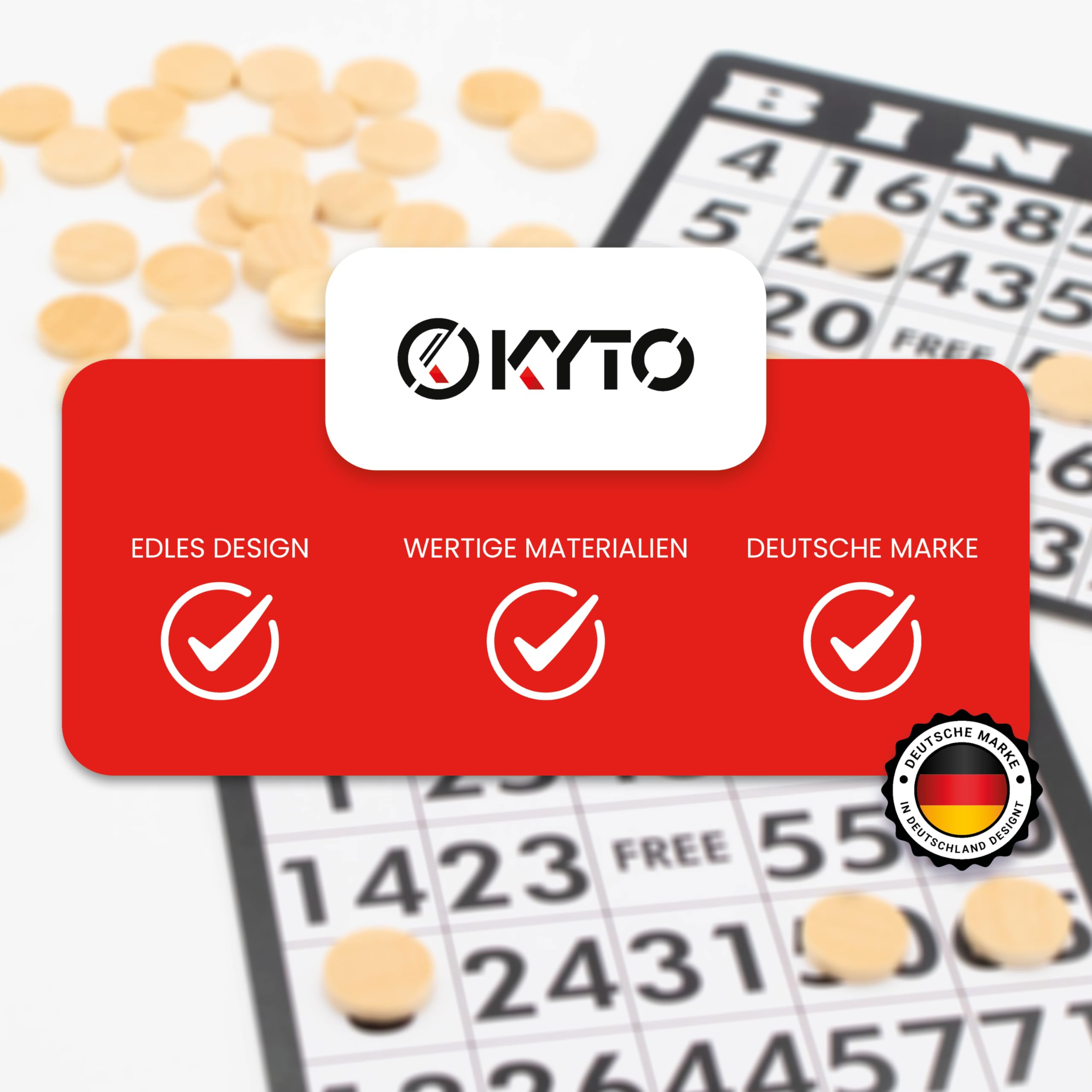 Kyto Bingo Holz Chips - 150 Scheiben aus Holz für Bingospiel-Karten 14/3 mm. Holzsteine, Zählsteine, Marker oder sonstige Spielsteine, mit Stoffbeutel