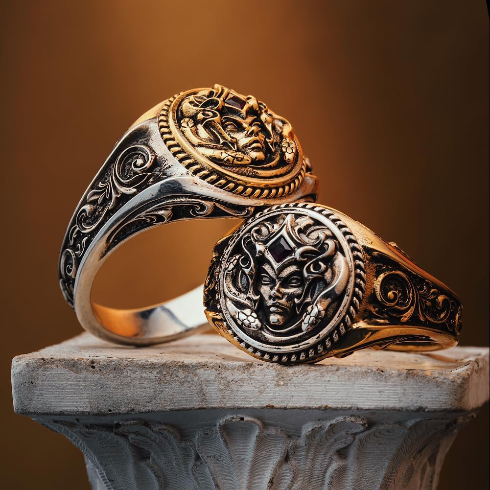 COPPERTIST.WU Medusa Signet Ring Mythological Greek Goddess Ring S925 & Brass for Women Men