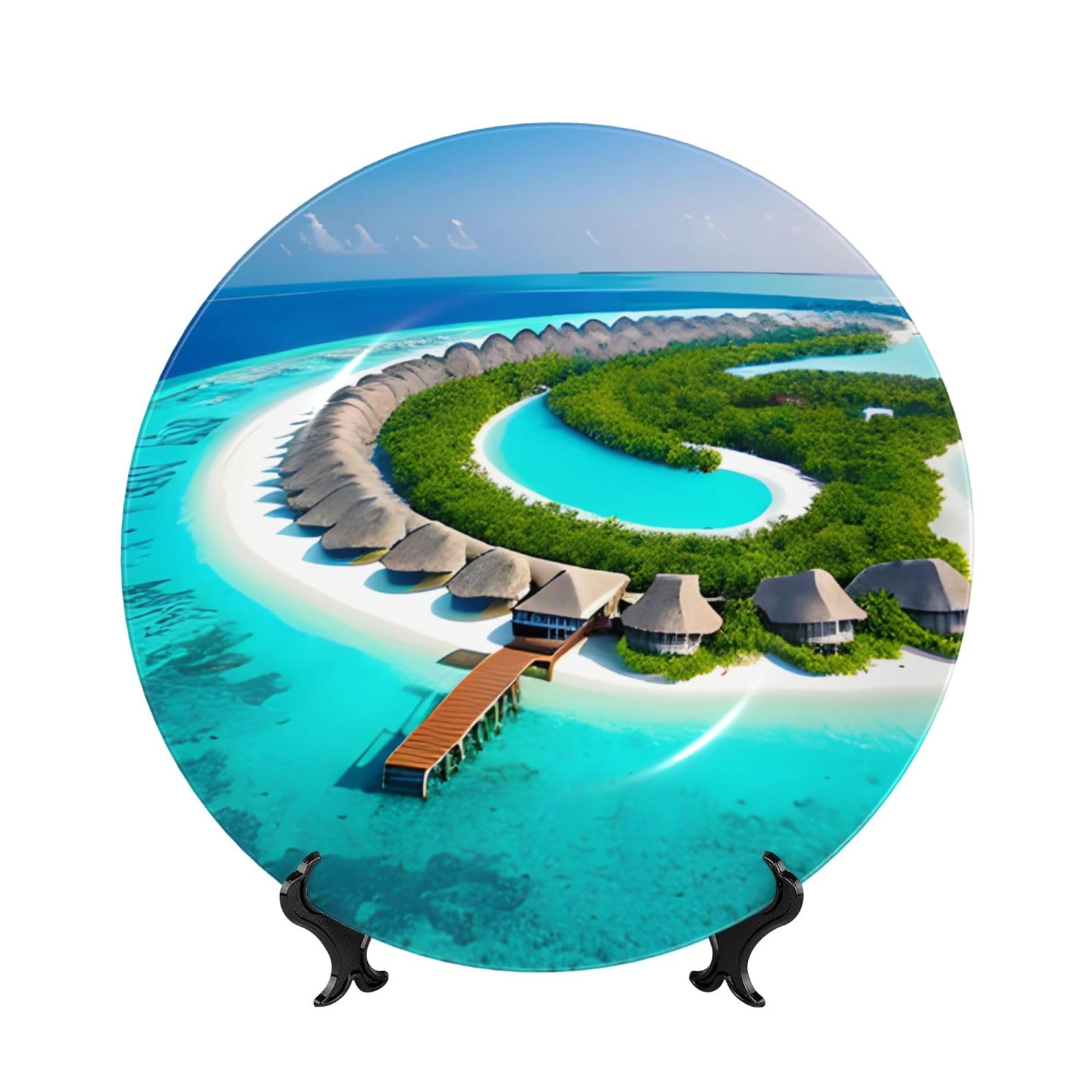 SXZVVBN Maldives Scenery Bone China Decorative Plate Art with Stand Removable Adhesive Hanging for Home Office 8in（20cm）