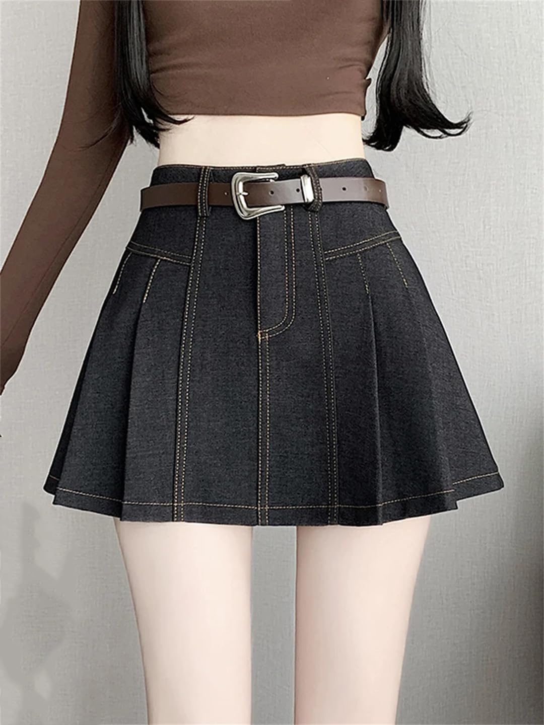 Gonna a pieghe in denim da donna estiva vintage a vita alta svasata casual all-match gonna al ginocchio