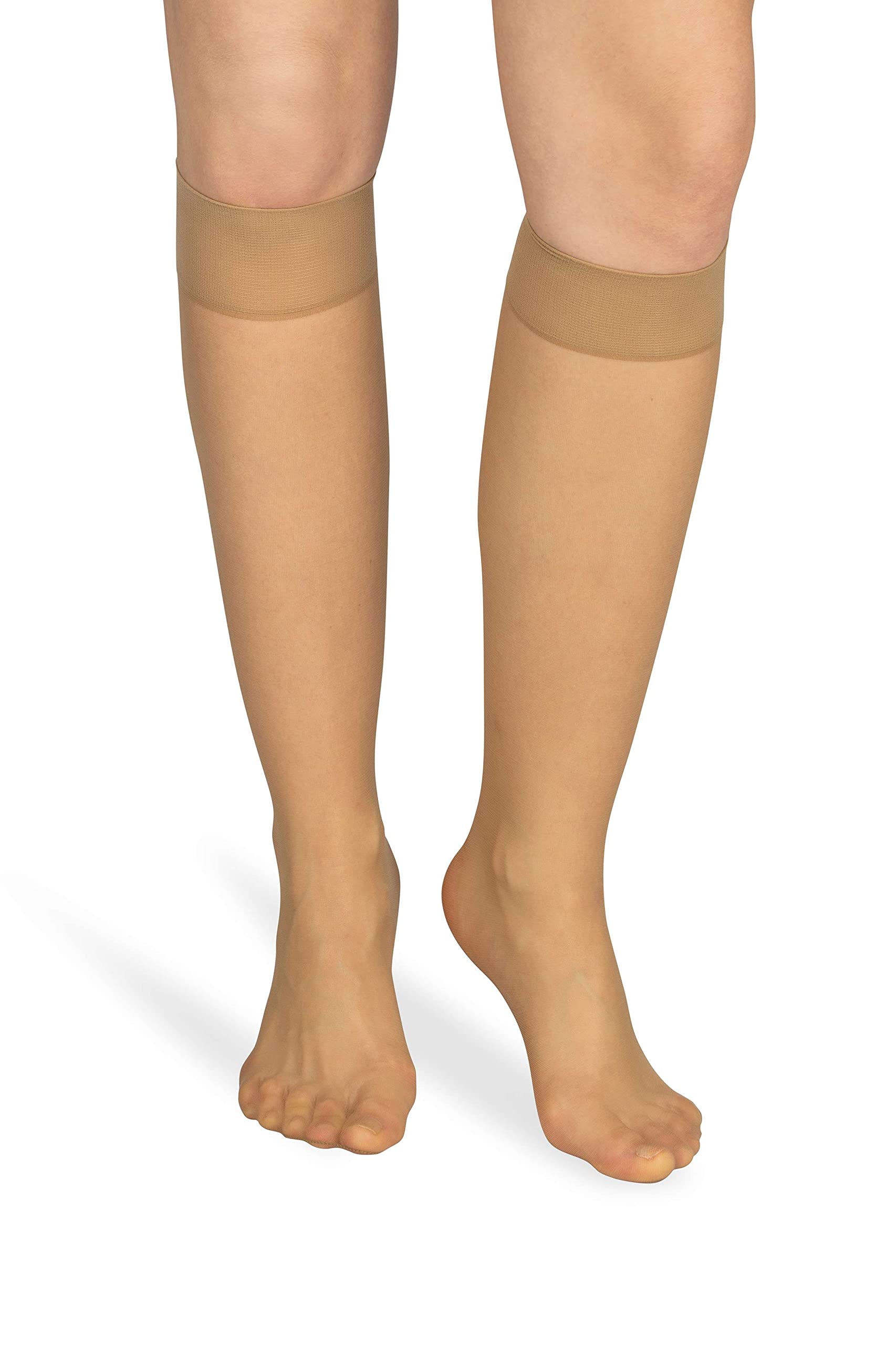 NOQ Women Socks Ladies Knee-highs Plain Nude Shades 10 DEN Microfiber Semi-Matte Classic with Comfort Top One Size Two Pairs Sabia, Miele