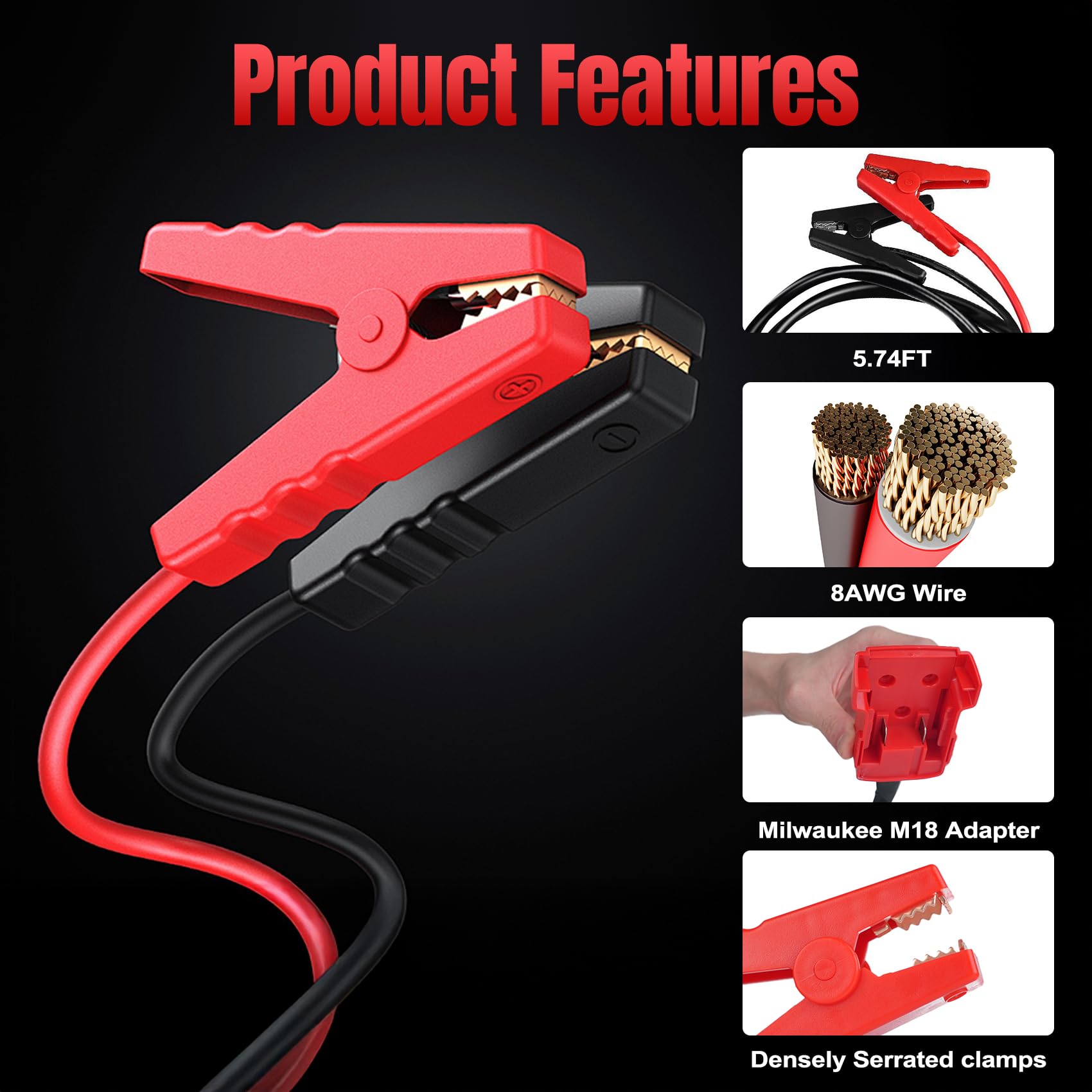 Milwaukee M18 18 V Batterie-Starthilfe-Kabelklemmen, 8-AWG 1,5 m Auto-Starthilfekabel, Kabel-Elektrowerkzeugleitung für die meisten Autos