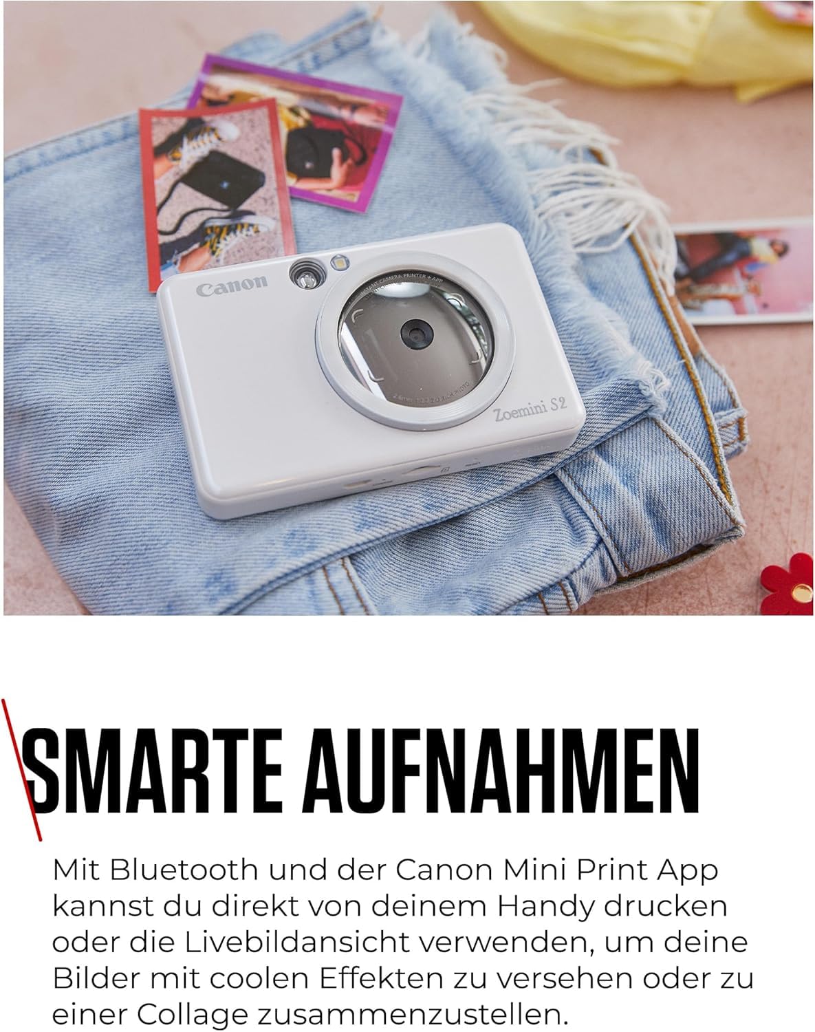 Canon Zoemini S2 Mini Sofortbildkamera + Fotodrucker mobil tragbar unterwegs Hosentasche (Fotodruck 5x7,6 cm, kabelllos, eingebauter Akku, Canon App, Bluetooth) perlweiß [+ 10er Zink Druck-Set]