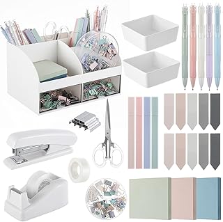 Kosiz Morandi Office Supplies Aesthetic Desk Organizer Pink Desk Accessories Pen Holder Stapler Binder Sticky Notes Paper Clips Scissor Staples Aesthetic Accessories for Women Men Students
