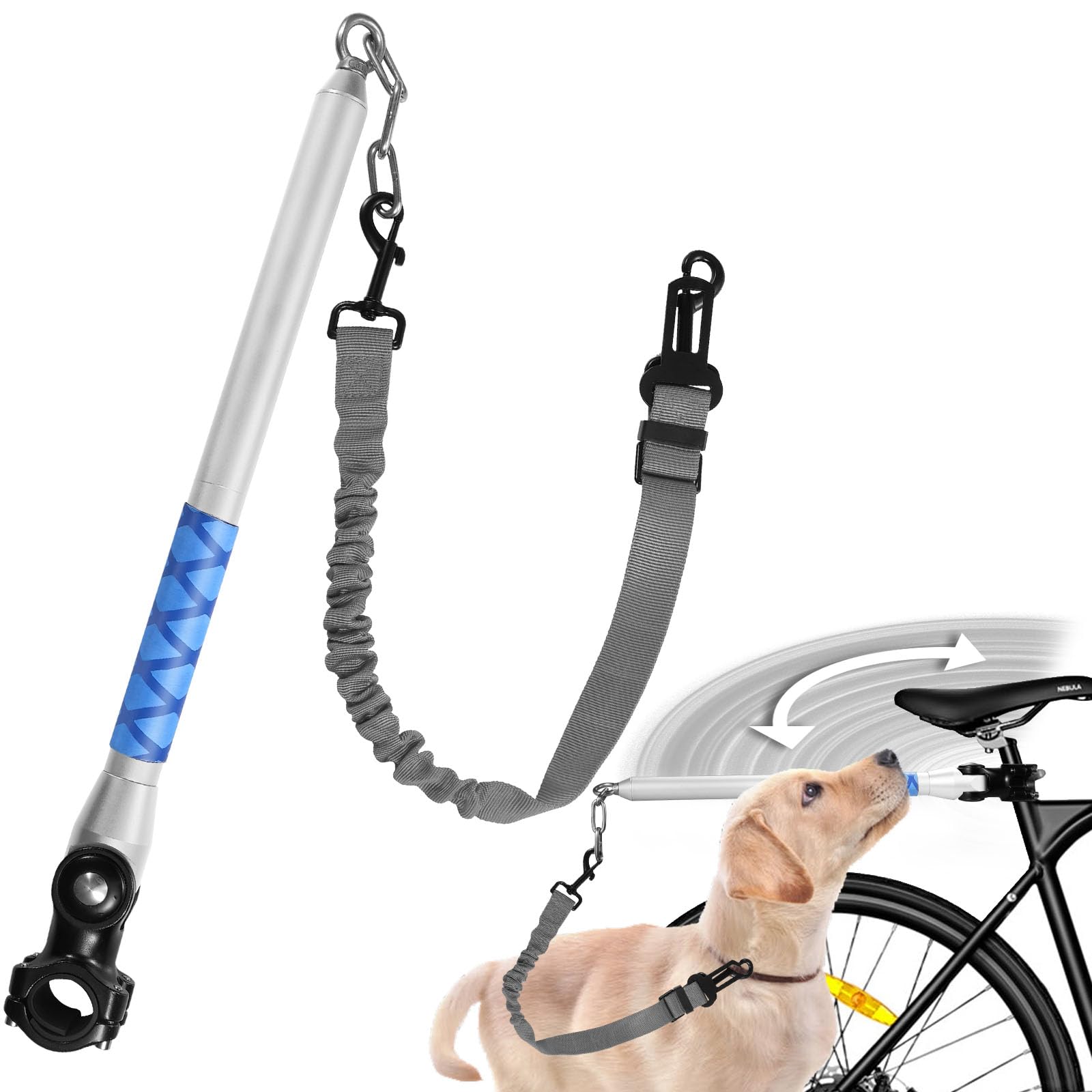 guinzaglio cane per bici, 150 ° rotante, Guinzagli di ammortizzatori integrati, Ciclismo, Cintura di sedile auto regolata in nylon elastico (silver)