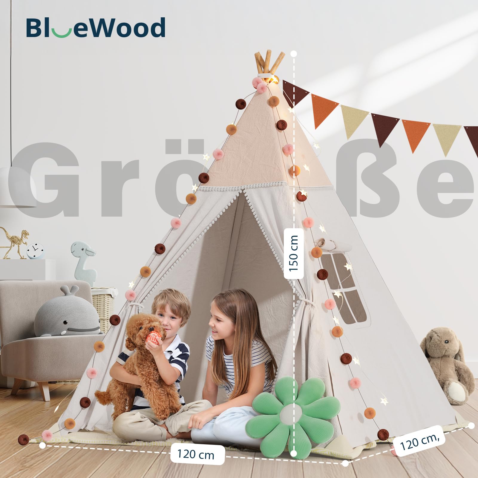 Tipi tenda per bambini, tenda da gioco con coperta imbottita, catena luminosa, borsa per il trasporto, stile Montessori, per bambini, colore: verde chiaro