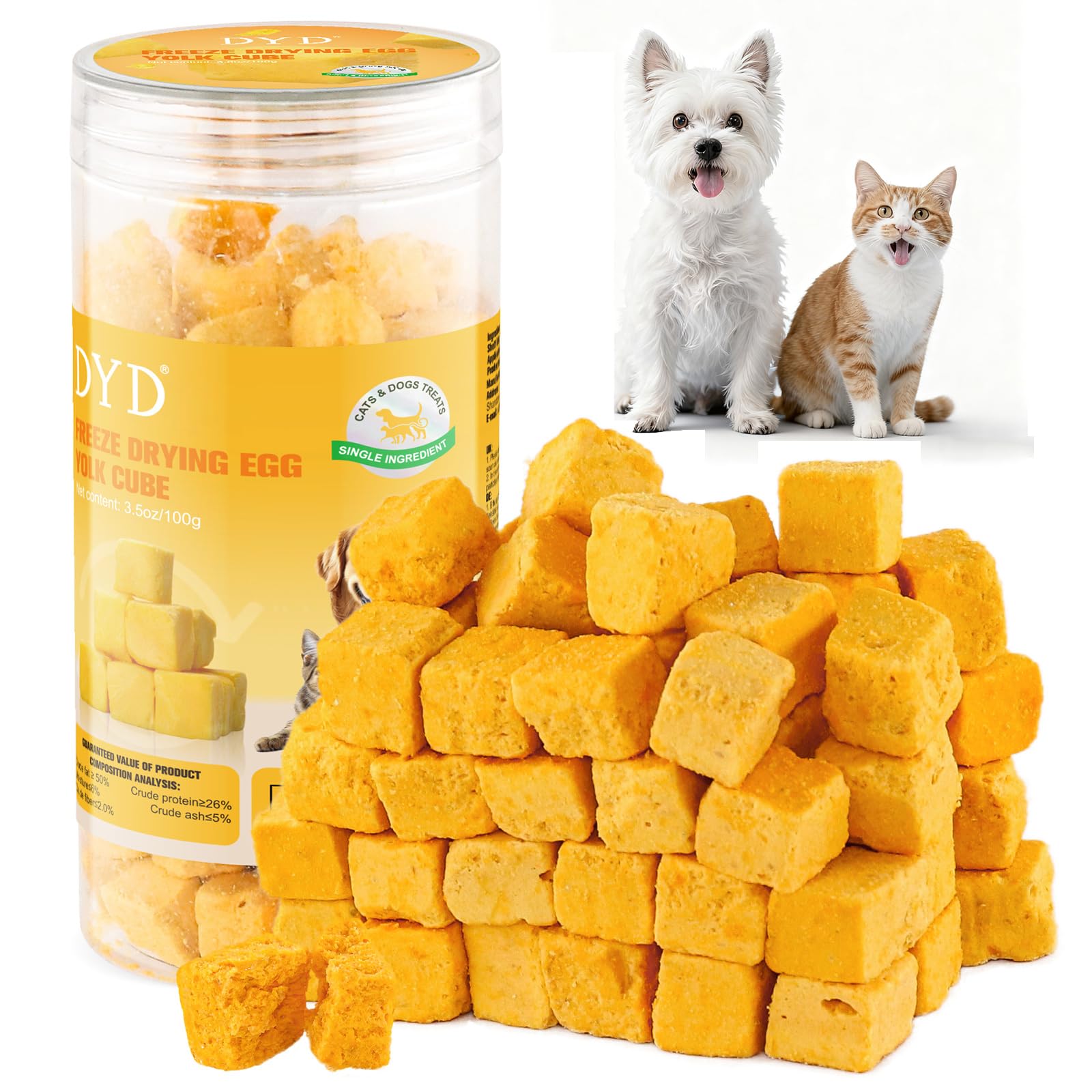 DYD Snack Liofilizzato al Tuorlo d'Uovo per Gatti & Cani - Ingrediente Singolo Naturale - Supporta Pelle e Mantello - Croccante Premio Sano per Addestramento - Senza Additivi, Senza Cereali - 100g