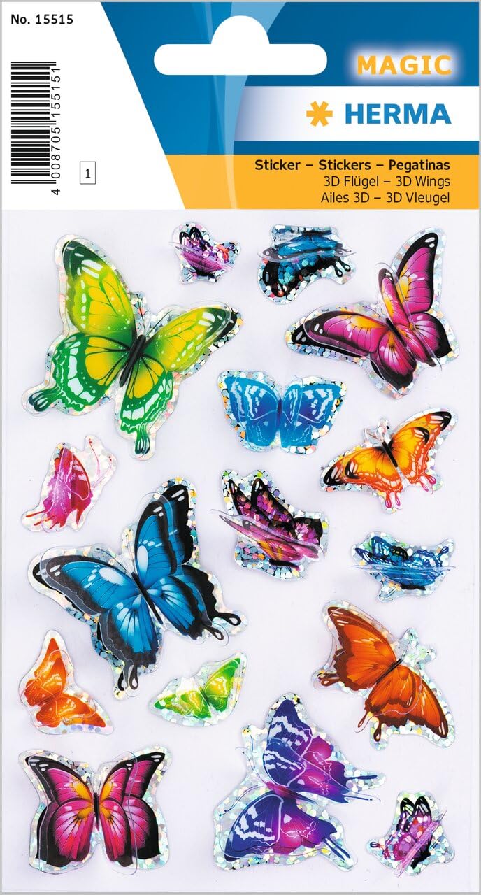 HERMA 15515 Pegatinas 3D para niños, diseño de mariposa (16 pegatinas, lámina brillante, autoadhesivas, permanentes, para niñas y niños, multicolor