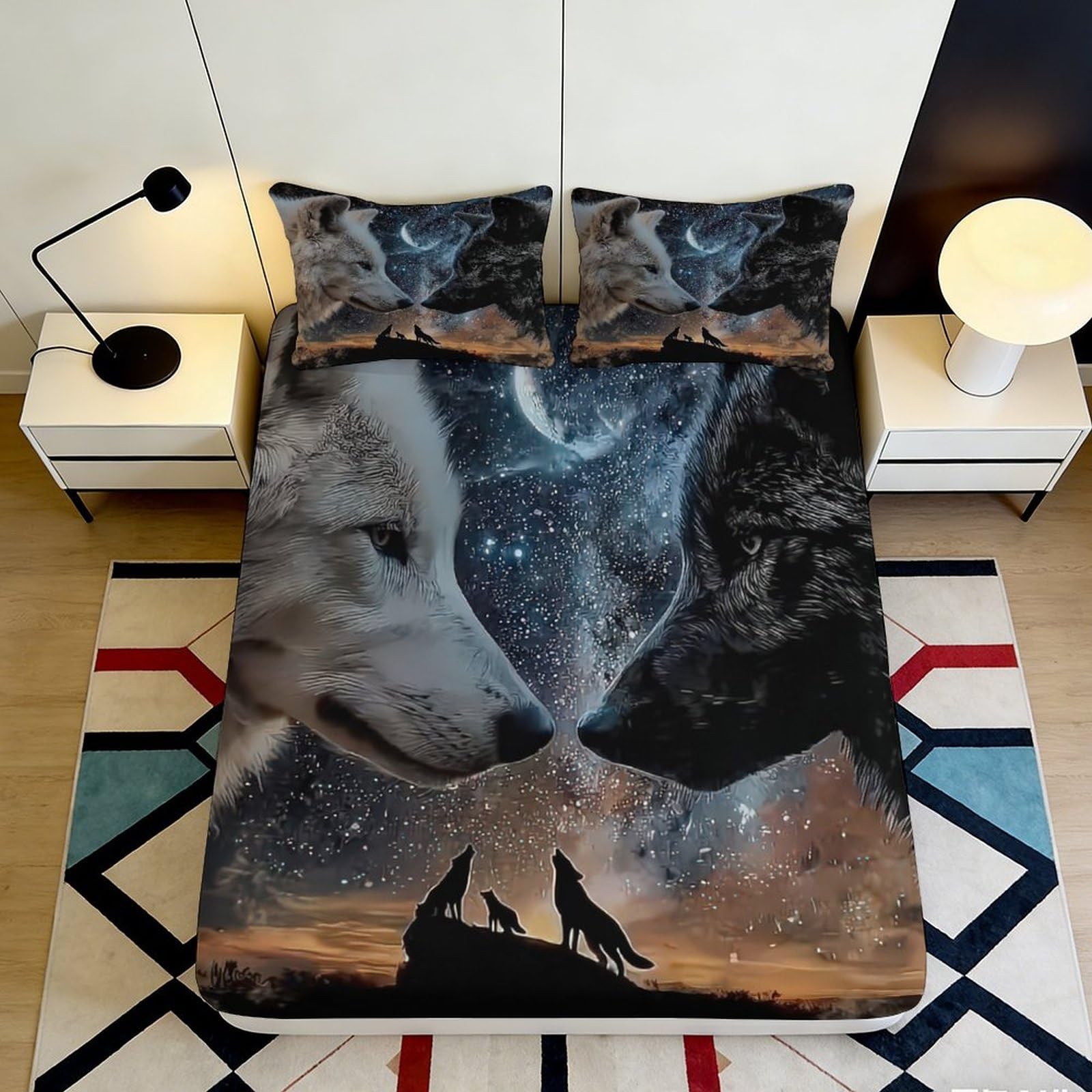 Uxinyoume Style-3 3D Printed Wolf Night Sky Fitted Sheet Microfiber Soft Anti-Slip Starry Forest Mattress Cover Bedroom Decor 90X200x25cm