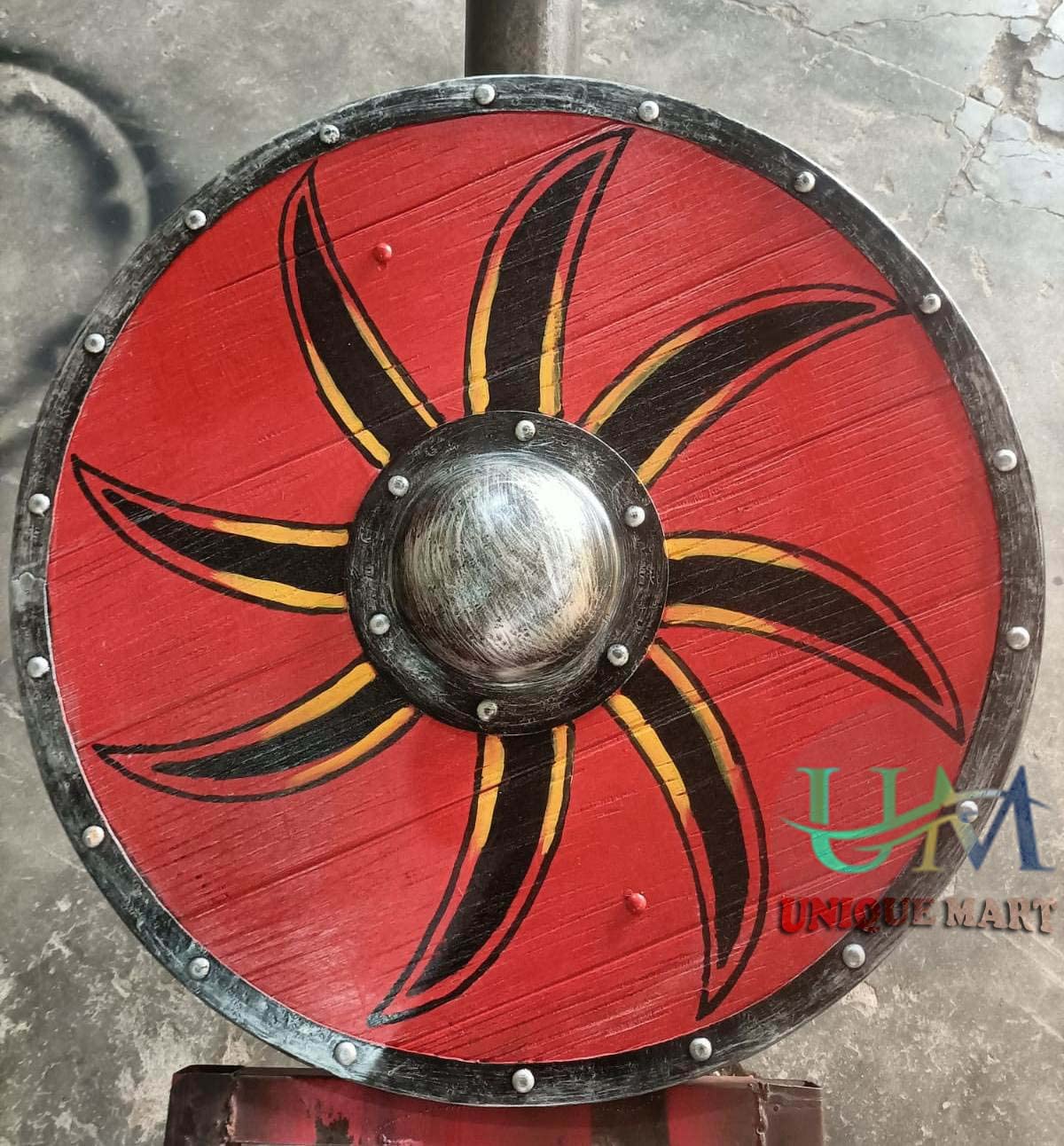 Vichinghi - Scudo rotondo in legno, rosso, 61 cm, con scudo medievale in legno, colore: rosso, Giallo