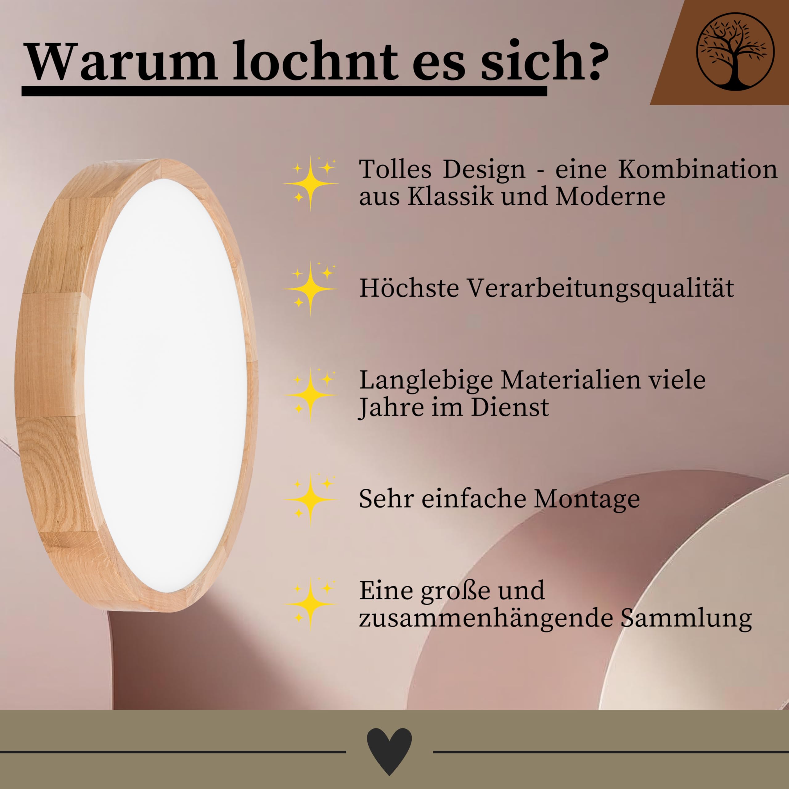 Schlafzimmerlampe - Runde Holz Deckenlapme Eiche LED 24W-4000K (∅37 cm) - Modern Beige Deckenleuchte für, Wohnzimmer, Flur, Küche - Stilvolle Eichenholz LEJA