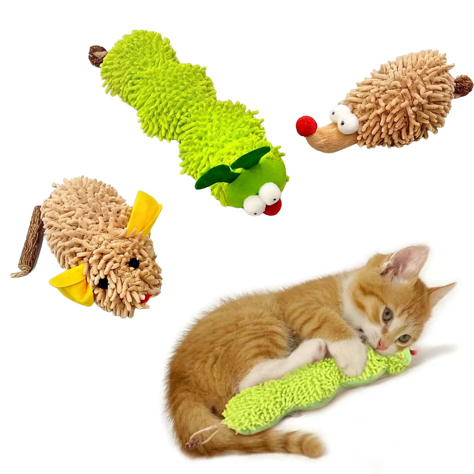 3 Pcs Interactive Plush Cat Toys, Catnip Toys Suitable for Indoor Adult Cats, Bite Resistant Chew Toy for Teeth Cleaning & Dental Health, Caterpillar, Hedgehog & Mouse Design, Natural Catnip Filled