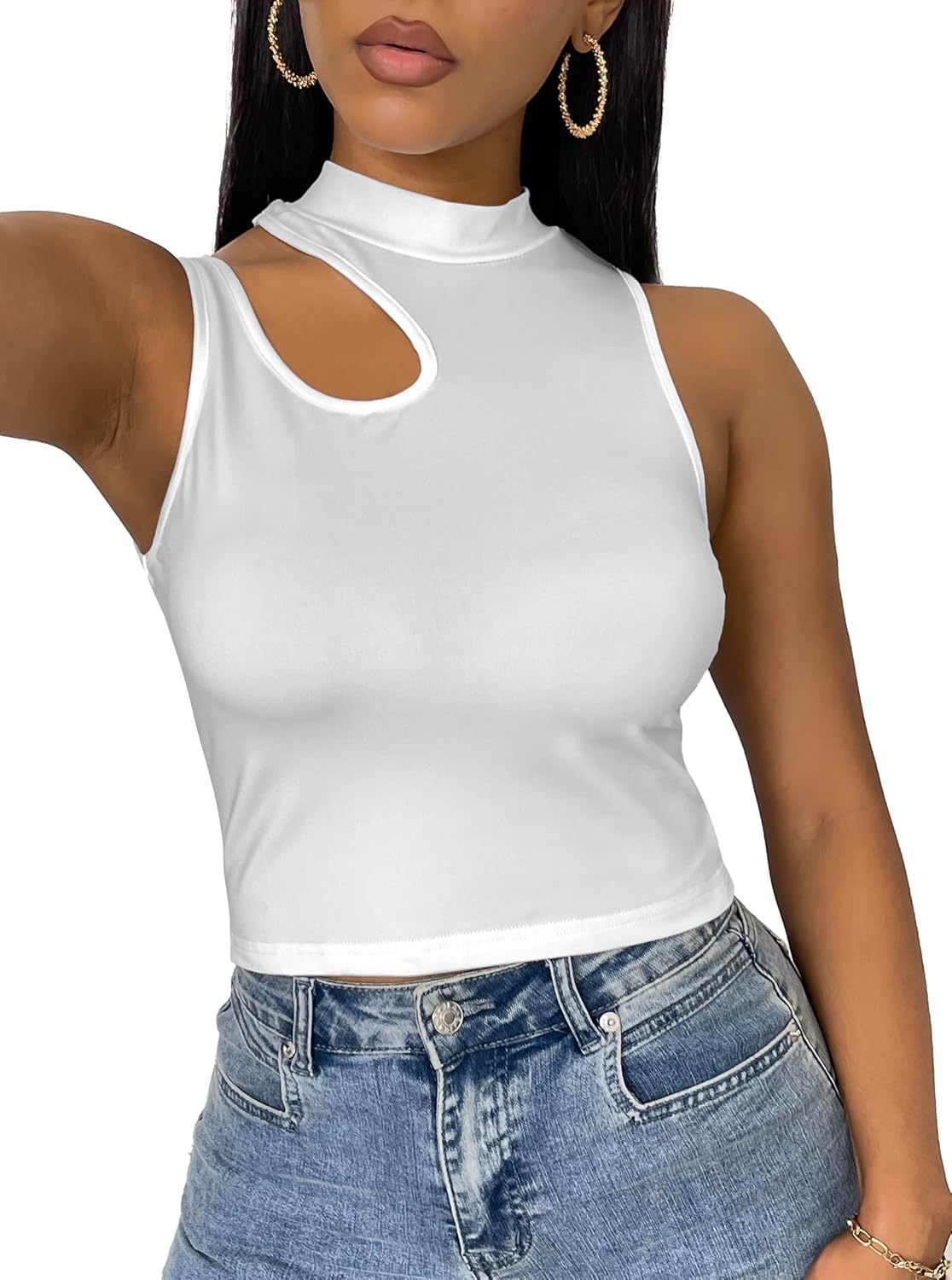 LovelyWholesale Crop Tops for Women Sexy Cut Out Tops Mock Neck Tank Top - Image 2