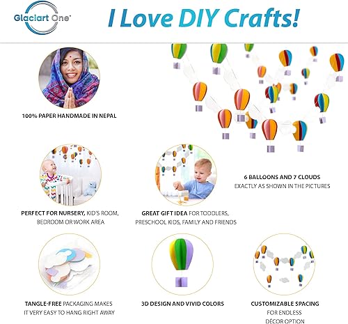 Miniatura 2 de GLACIART ONE Guirnalda de globos de aire caliente y nube de papel | Decoración de pared de globo aerostático colgante, pancartas de pared de