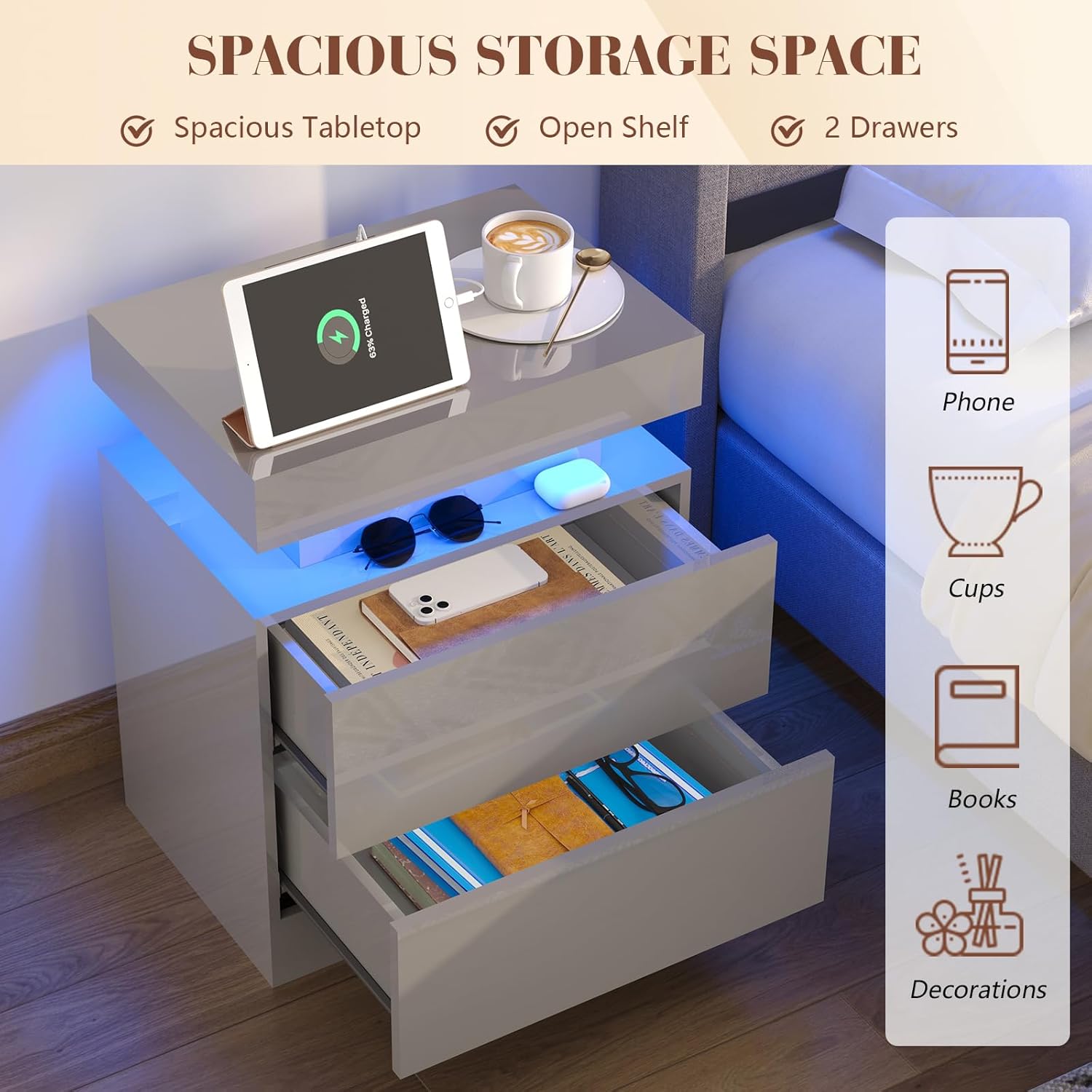 Nightstand Set of 2 with Charging Station and LED Light, Modern Side Table with 2 Drawers and Open Storage Shelf, End Table for Bedroom, Grey
