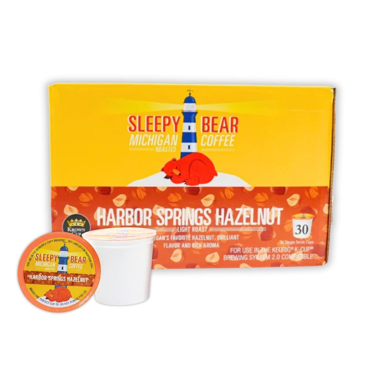 Sleepy Bear Coffee Pods Medium Roast Arabica Rich Flavor Michigan-Made Smooth & Sweet No Sugar Added 30ct Pods Compatible with Single-Serve Brewers (Harbor Springs Hazelnut)