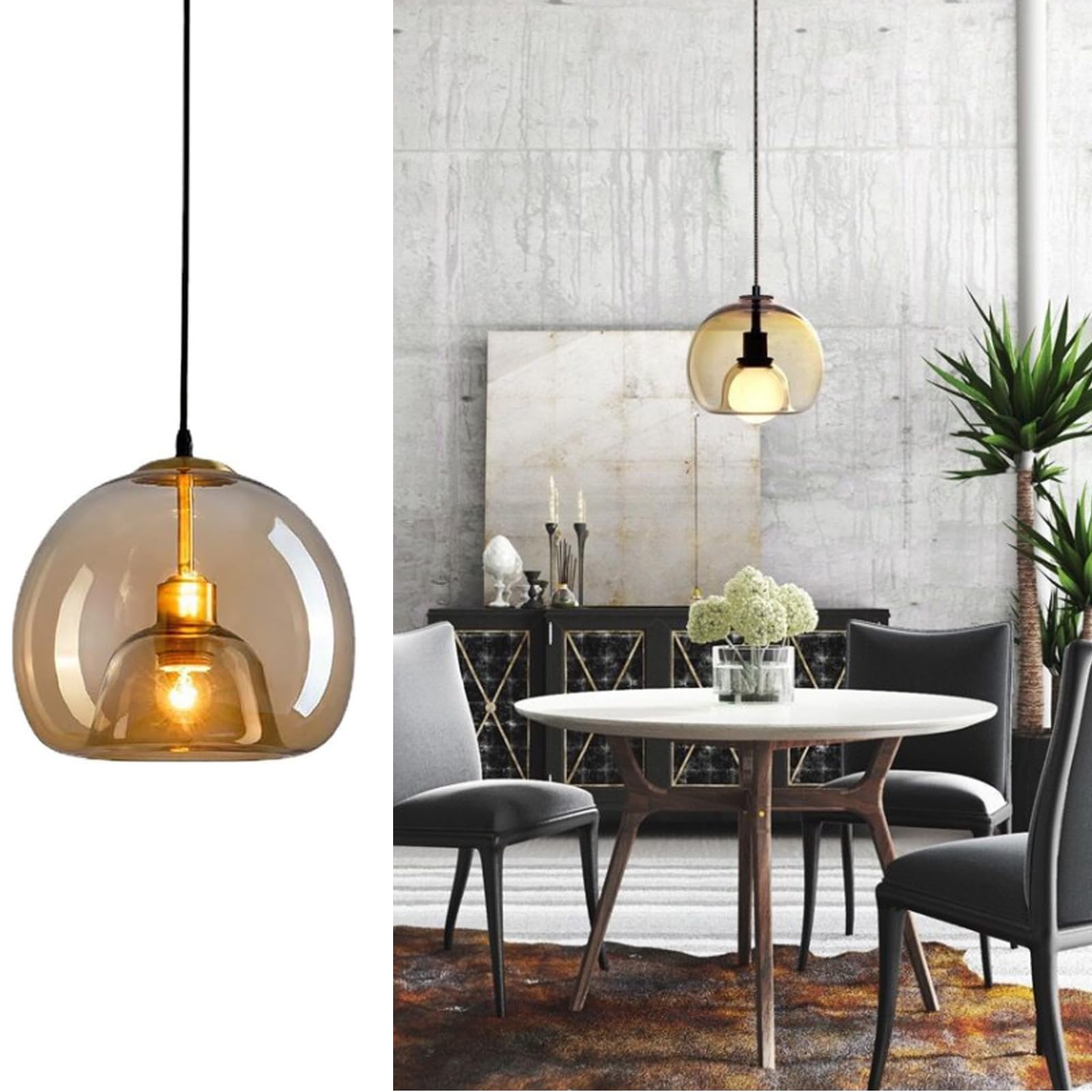 HYJAUSXB Modern Blown Glass Pendant Light Shade, E27 Hanging Ceiling Fixture, Vintage Style Chandelier for Kitchen Island, Dining Room, Living Room u2013 Clear Lampshade, Adjustable Height