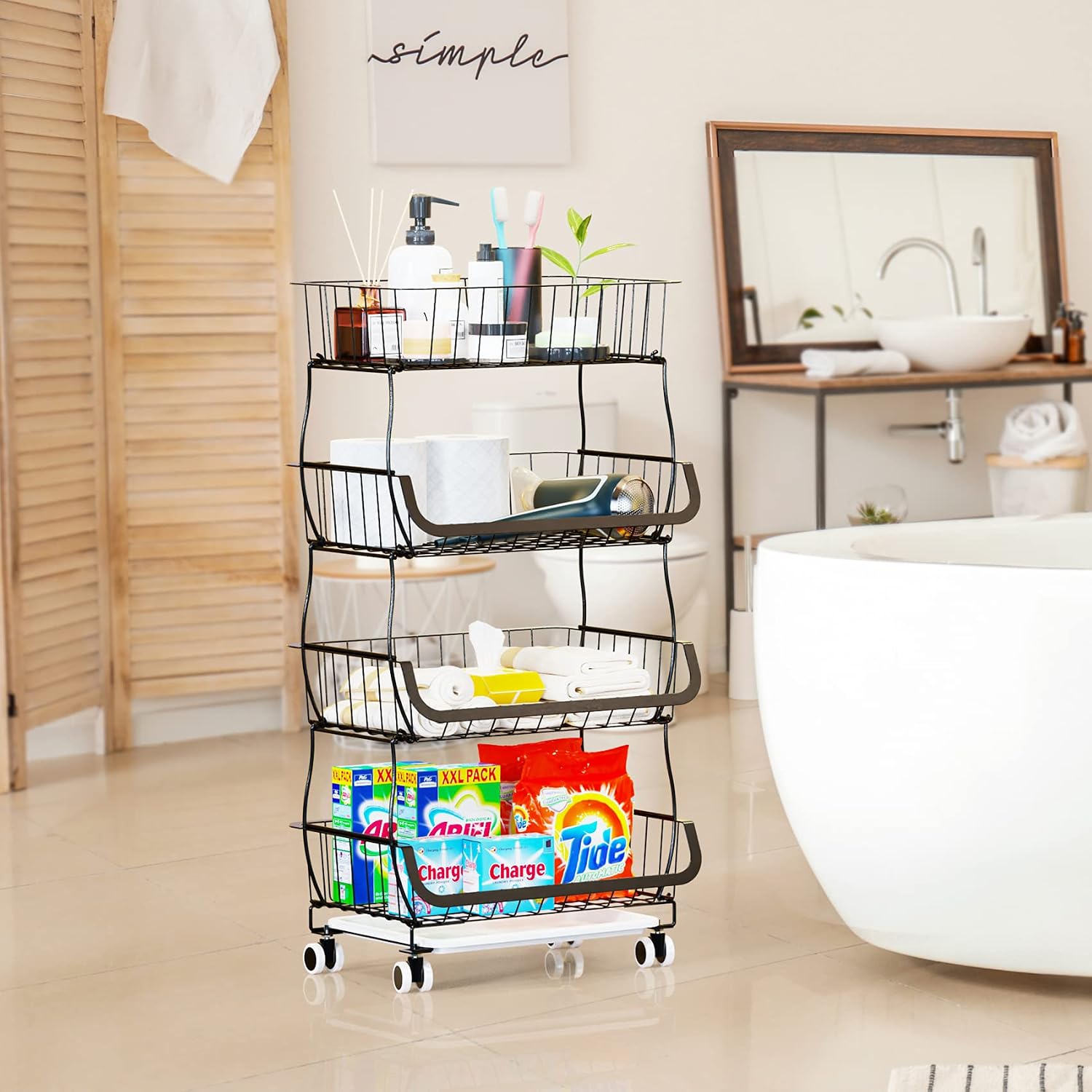 Veckle Potato Storage Basket, 4 Tier Potato and Onion Storage Cart with Wheels, Stackable Wire Fruit and Vegetable Storage Basket Organizer for Kitchen Bathroom Pantry, Black