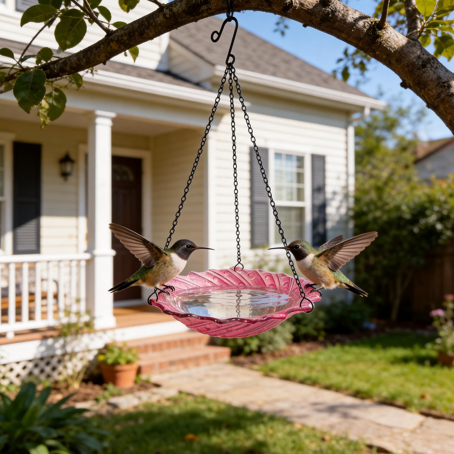 HONGLAND Bird Baths for Outdoors, 11" Pink Glass Birdbaths Outdoor Birdfeeder with Metal Stake