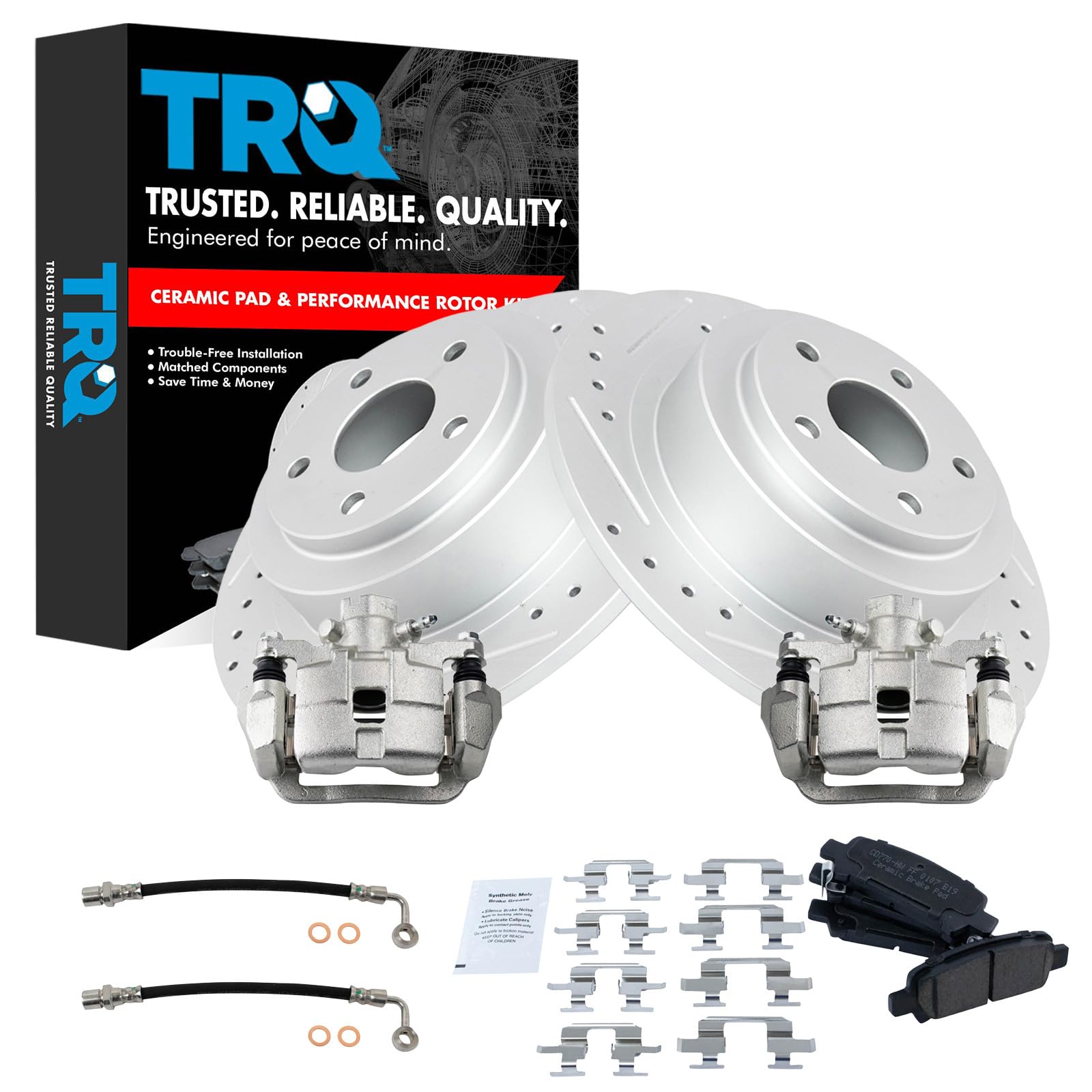 TRQ Performance Rear Brake Pad and Rotor Set Ceramic Drilled Slotted Coated Calipers Compatible with 2003-2006 Subaru Baja 2000-2004 Legacy Outback