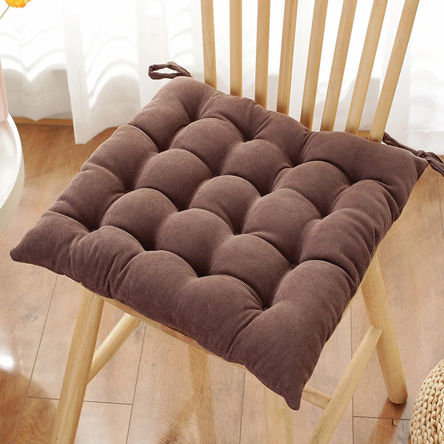 Corduroy Cushion for Desk Chair Soft Plush Nonslip Seat Cushions Tufted Washable Kitchen Dining Chair Pads with Ties Bench Mat (Brown, 16"x16")