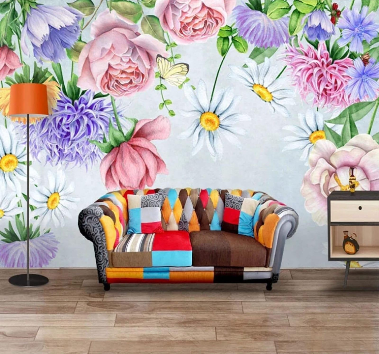 XLMING Hand Drawn Beautiful Colourful Flowers Butterflies 3D Wallpaper Luxury Silk Study Dining Feature Sofa Grey Bedroom Living Room Tv Decorative Wall-430cm×300cm