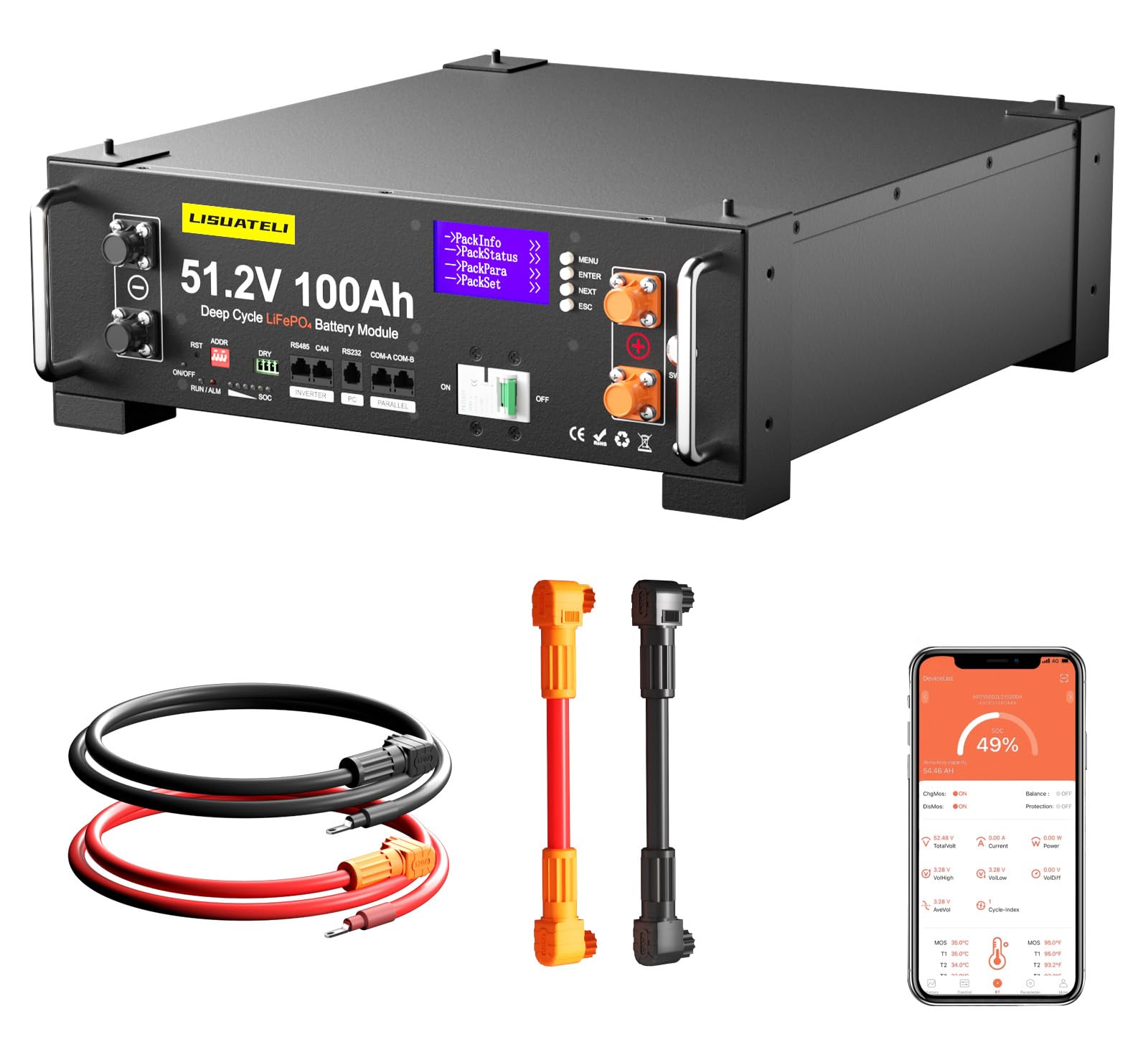 Batteria al litio LiFePO4 48V 100Ah con BMS 100A, 5,12KWh batteria al litio 48V rack server batteria solare per impianto solare set completo, impianto fotovoltaico, camper, accumulo di