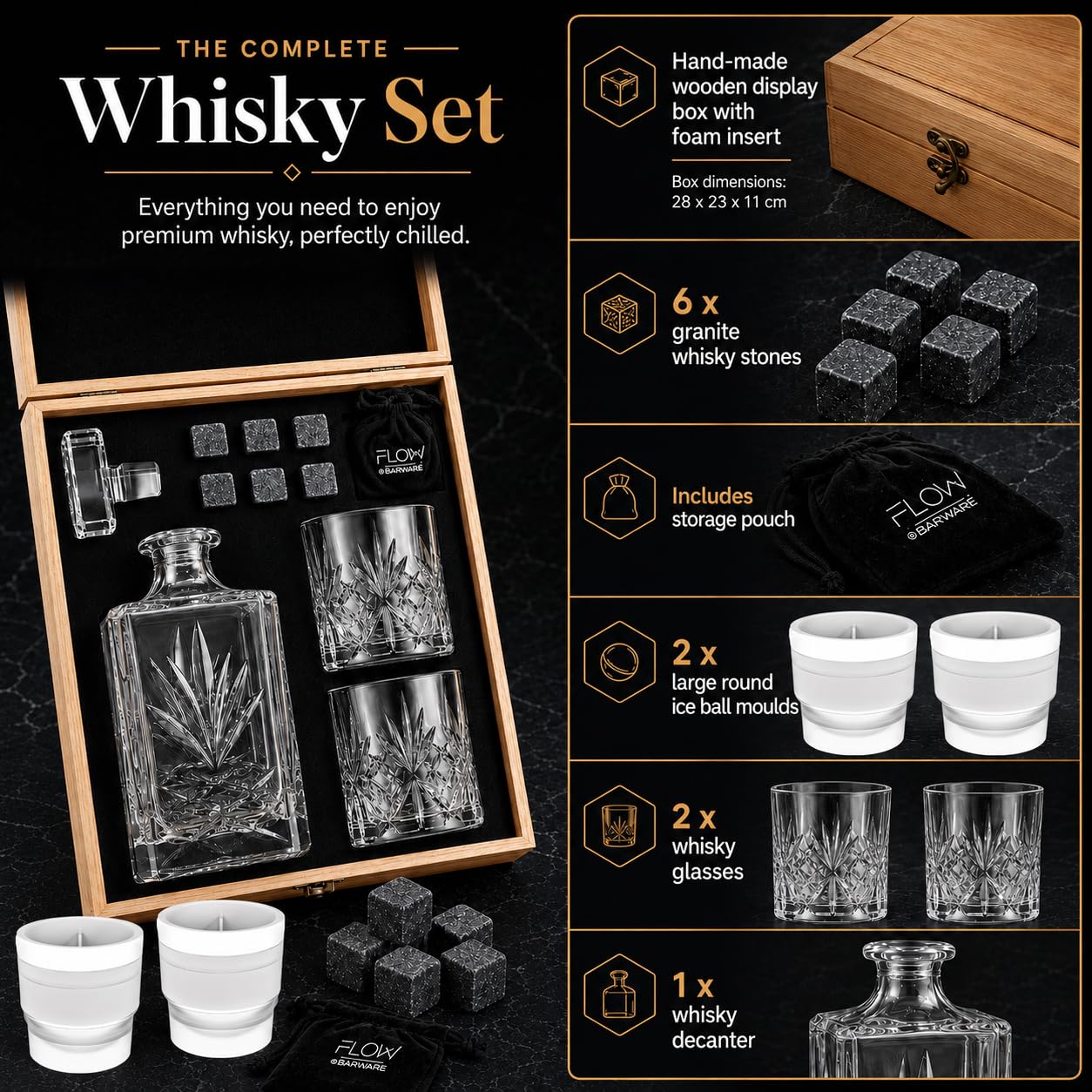 Flow Barware Coffret cadeau carafe à whisky et verres | Carafe à whisky 750 ml, lot de 2 verres à whisky | Pierres à whisky et boîte en bois | Coffret cadeau whisky pour homme