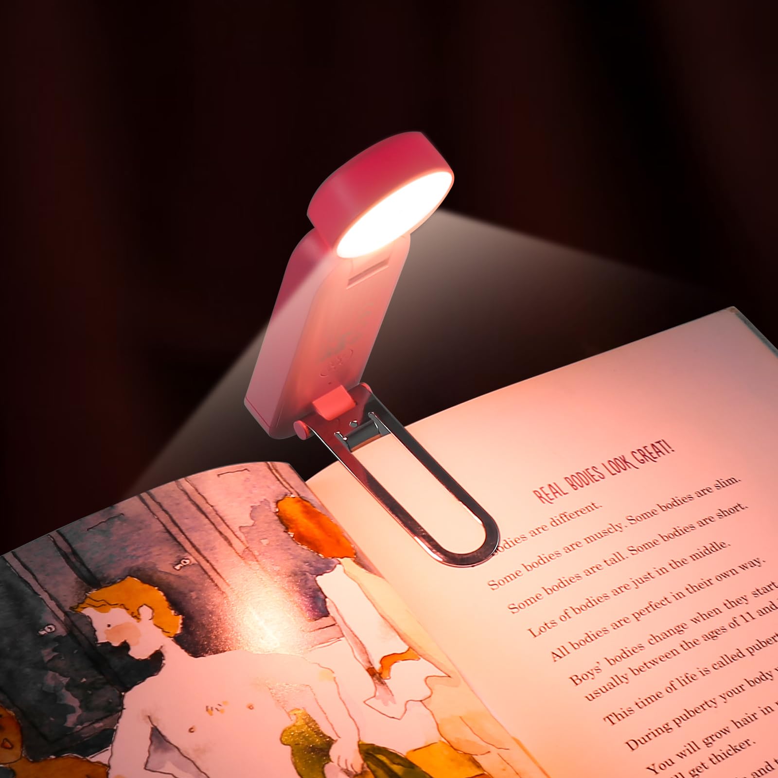 VAVOFO Luz de lectura recargable por USB con bloqueo de luz azul ámbar con clip en forma de marcador para lectura de gusanos de biblioteca en la cama (rosa)