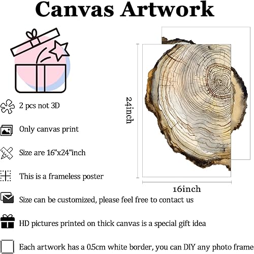Miniatura 3 de Anillos de árbol de madera arte de pared lienzo con impresión de anillo de árbol de pintura en negro gris y blanco arte abstracto de sección de cruz