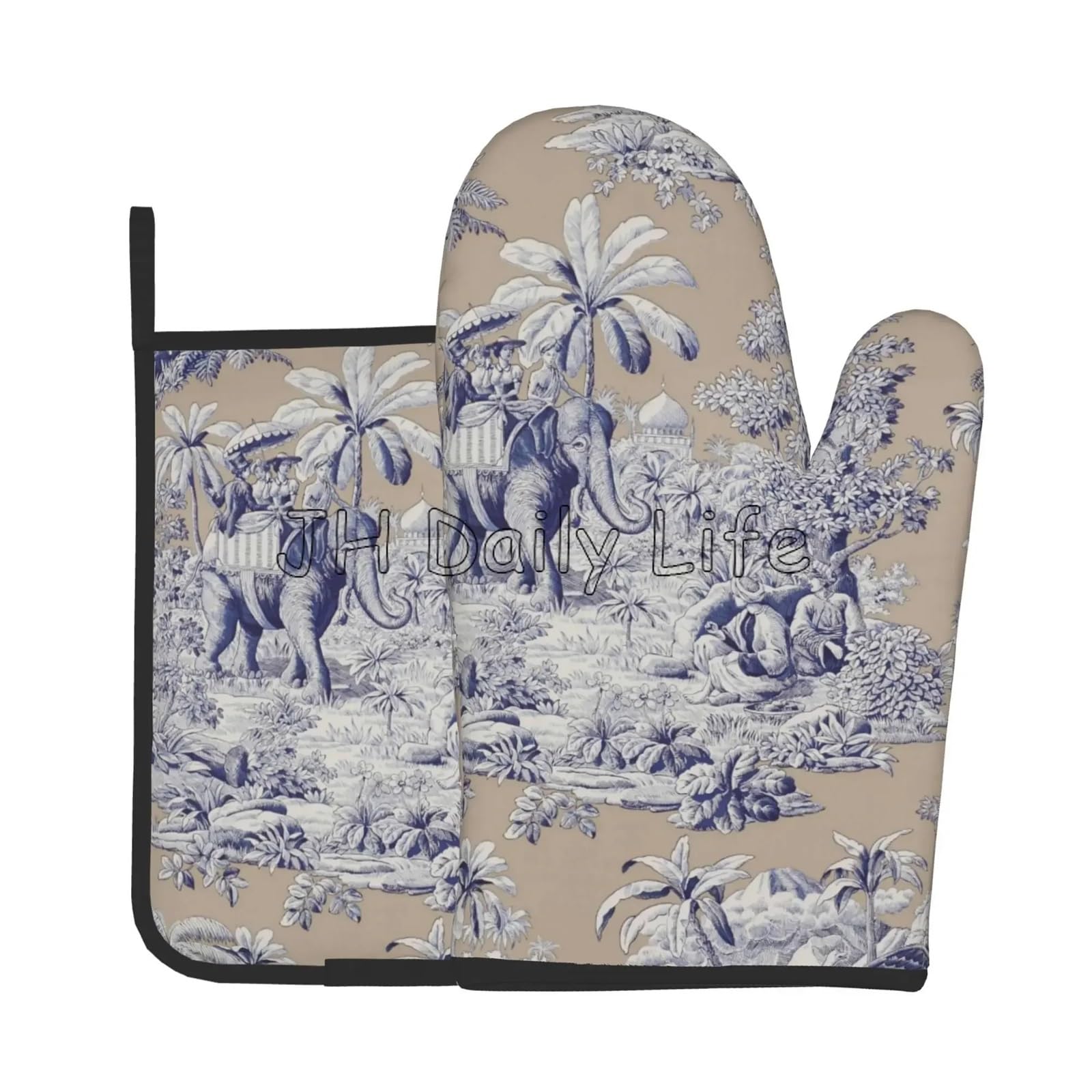 Navy Blue Motif Heat Oven Mitts and Pot Holders Sets Oven Gloves for BBQ Cooking Baking Grilling(3)