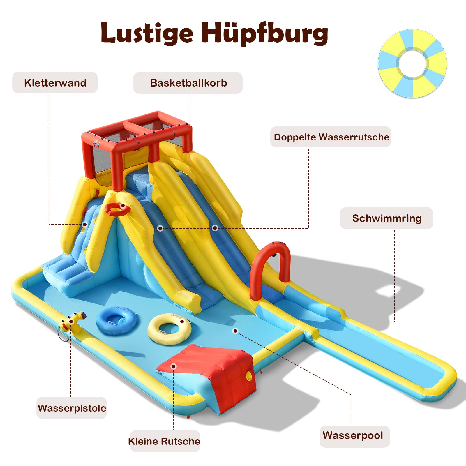 GOPLUS 7 in 1 Aufblasbare Hüpfburg, mit Rutsche, Kletterwand, Wasserbecken, Wasserpistole & Basketballkorb, Aufblasbare Wasserpark mit Tragetasche, für Kinder von 3-10 Jahren (Groß, Ohne Gebläse)