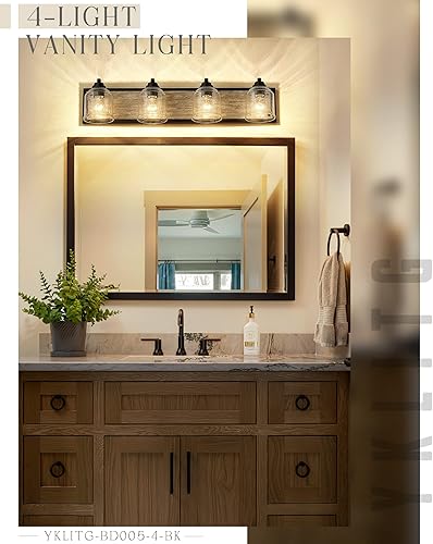 Miniatura 7 de Luces de tocador para baño grandes de 31.5 pulgadas, lámpara de tocador rústica de granja con pantallas de vidrio de burbujas, 4 luces grises,