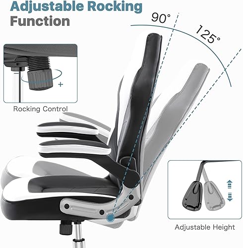 Miniatura 6 de MCQ Silla ergonómica de piel sintética con reposabrazos acolchados abatibles y soporte lumbar, altura ajustable, giratorio, función mecedora, para