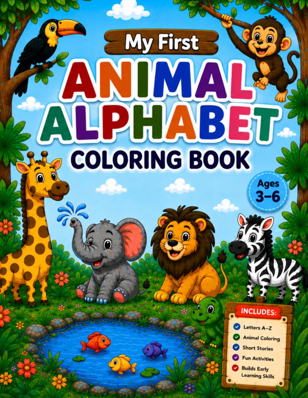 Alphabet coloring book for kids ages 3 to 6: ABC Adventures with Animals Colors, Activities & Stories for Kids Ages 3 to 6
