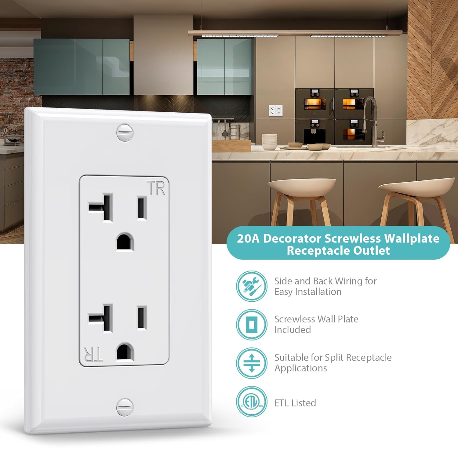 WEBANG 20-Amp 125V Decorator Wall Outlet, Tamper-Resistant Duplex Receptacle for Residential & Commercial Use, Wall Plate Included, 2-Pole, 3-Wire Self-grounding, ETL Listed, 20 White