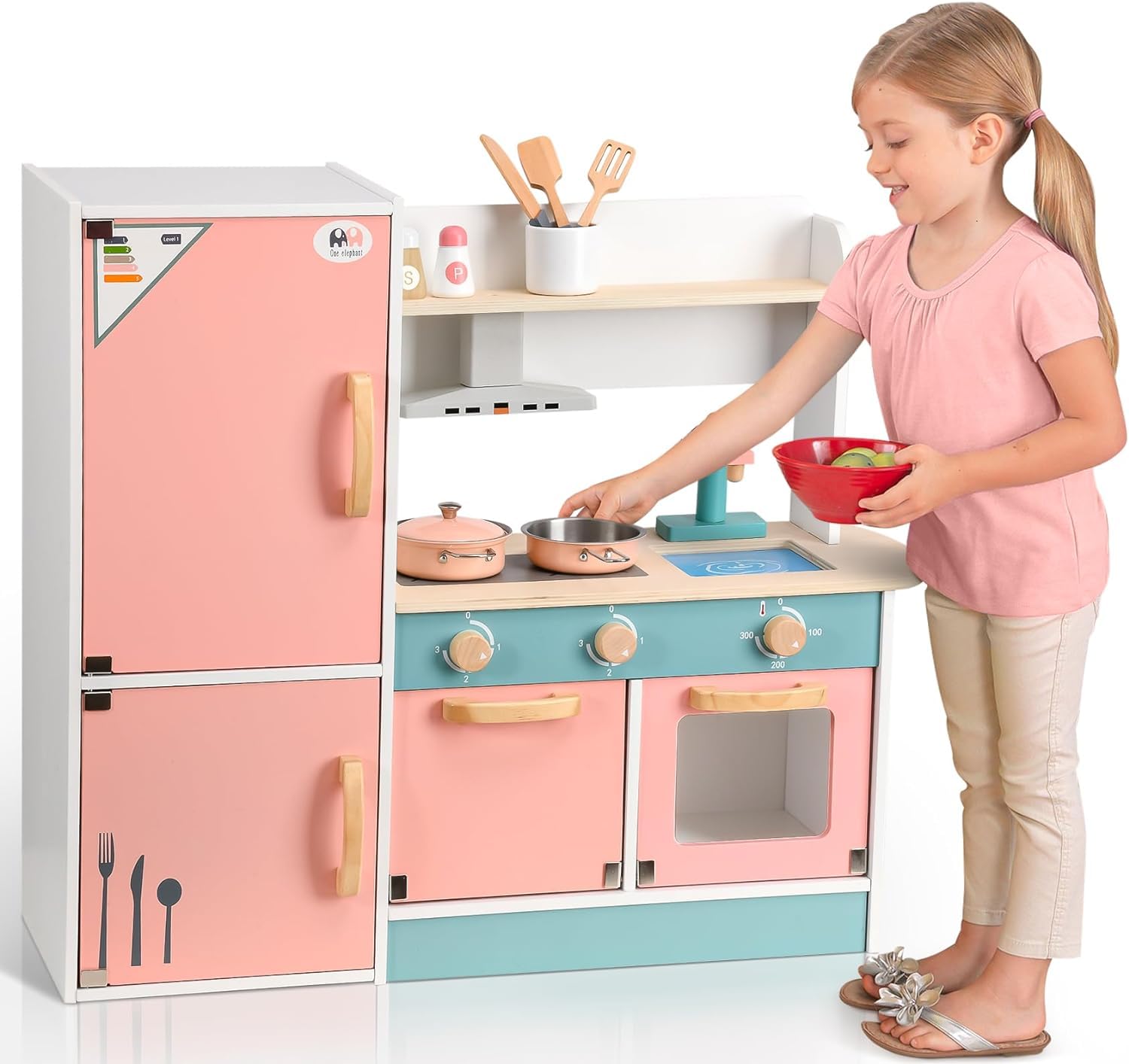 Atoylink Cocinita de Madera Infantil Cocina Juguete Madera con Accesorios Cocina Horno Refrigerador Cocinitas de Juguetes Regalo para Niños Niña Niño 1 2 3 4 5 + Años, L 70 x L 26 x H 60 cm, Rosa