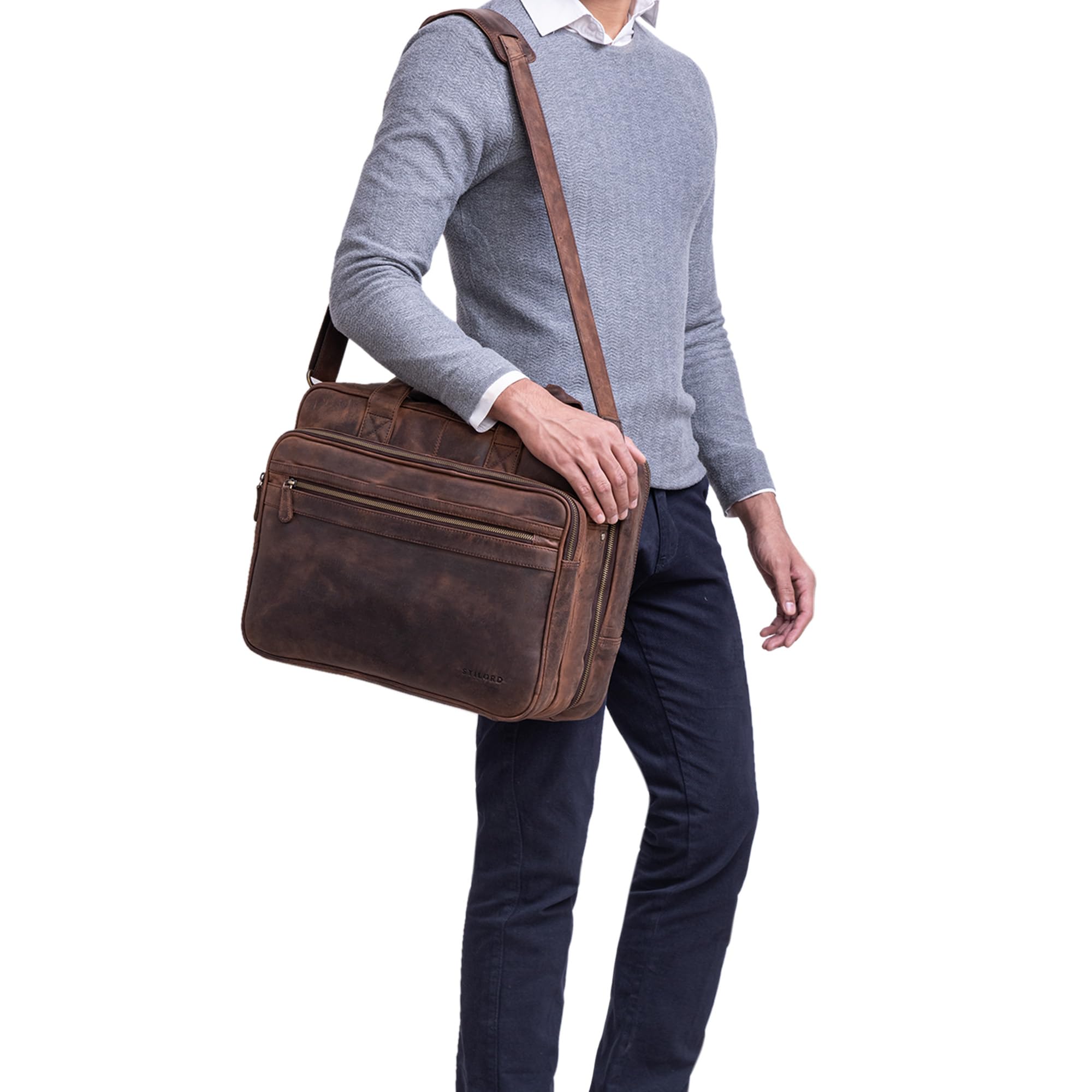 STILORD Leopold Sac d'enseignant Sacs d'affaires Hommes Cuir Porte-Documents XL Sacoche d'ordinateur pour Le Bureau - Serviette de Travail à Bandoulière Couleur:Marron - foncé pâle