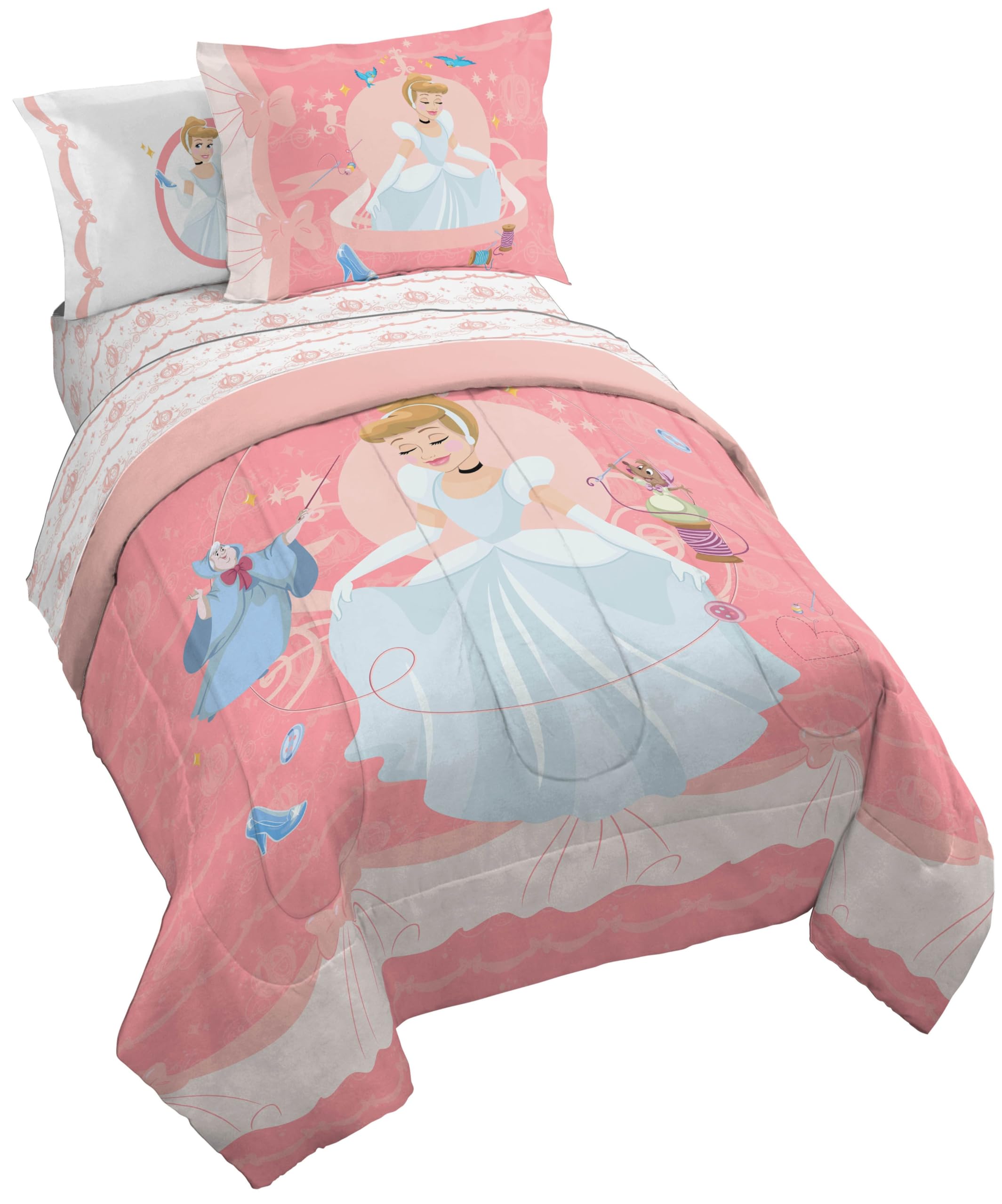 Jay Franco Kids Comforter Set Includes Sheets and Pillow Covers - Soft and Cozy Bed Set for Stylish Room Decor, Pink - Princess Cinderella, 7 Piece Full Size Bedding