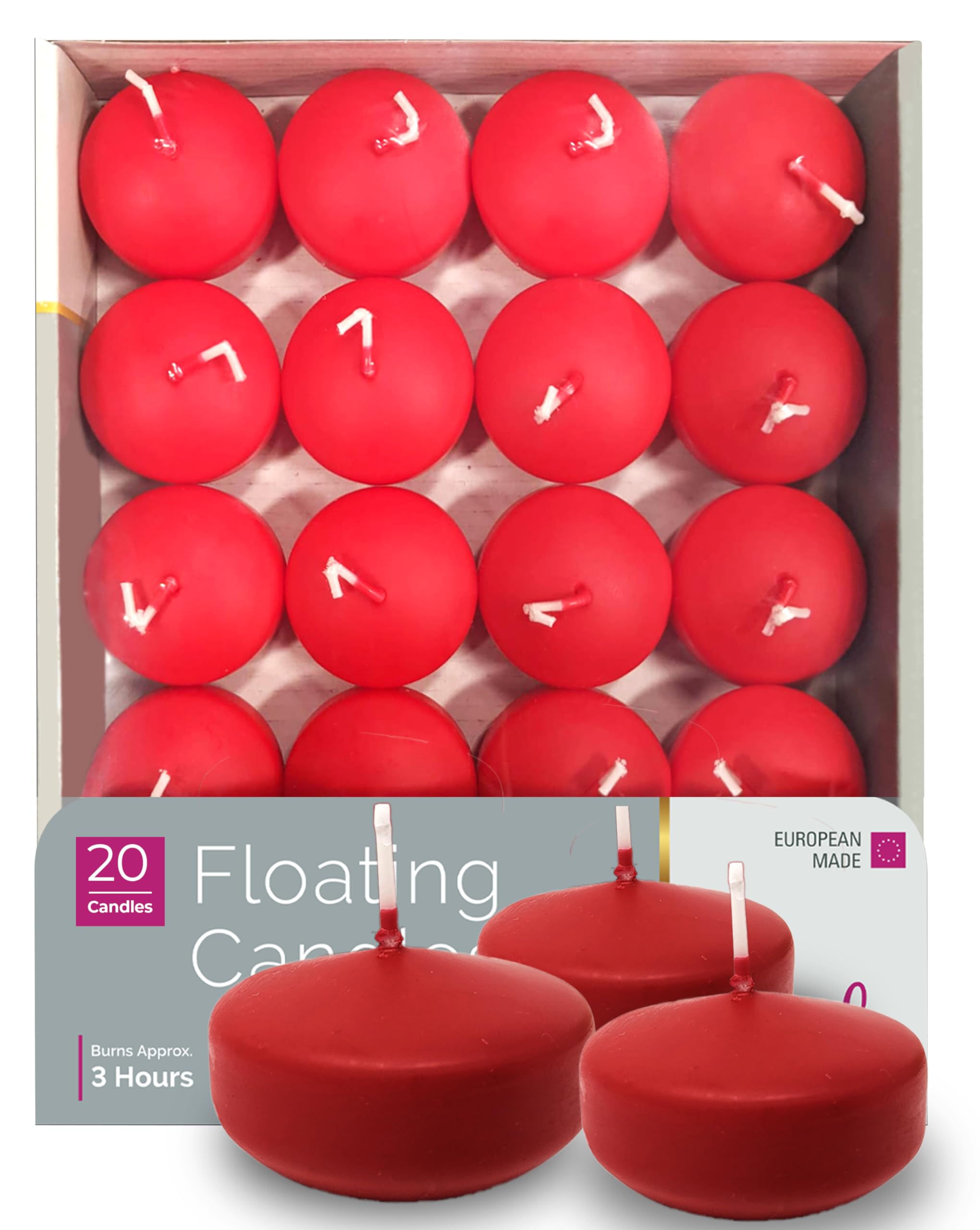 HYOOLA Premium Red Floating Candles 1.75 Inch - 3 Hour - 20 Pack - European Made