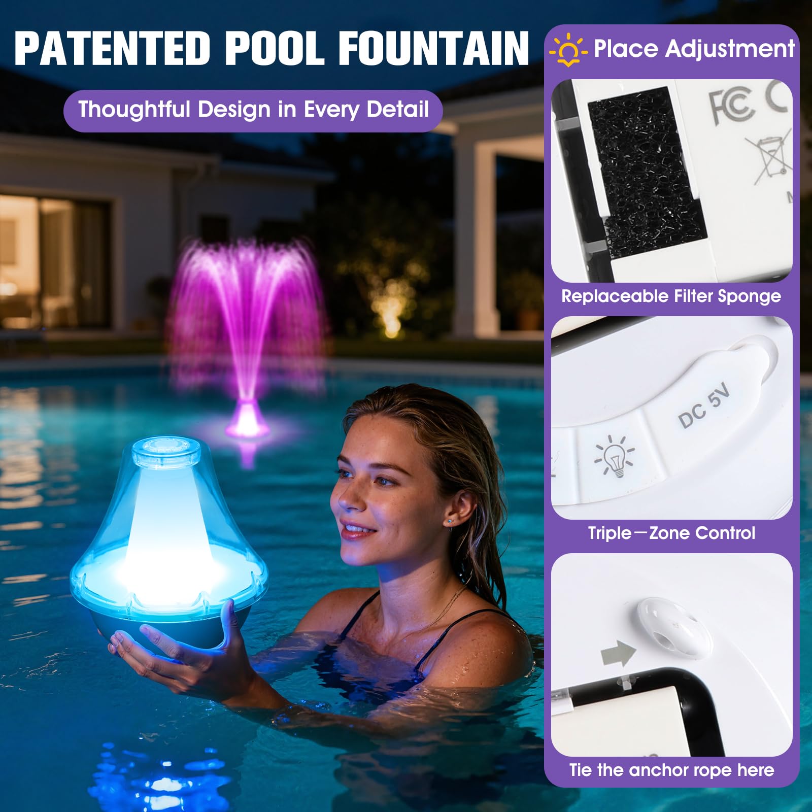 KingSom 2026 Springbrunnen Pool Schwimmend mit LED Licht, Wiederaufladbare Pool Wasserfontäne mit Fernbedienung & Knöpfen, 3 Sprühmodi & 10 Lichtmodi Pools Fontäne mit Anker, Springbrunnen Schwimmend
