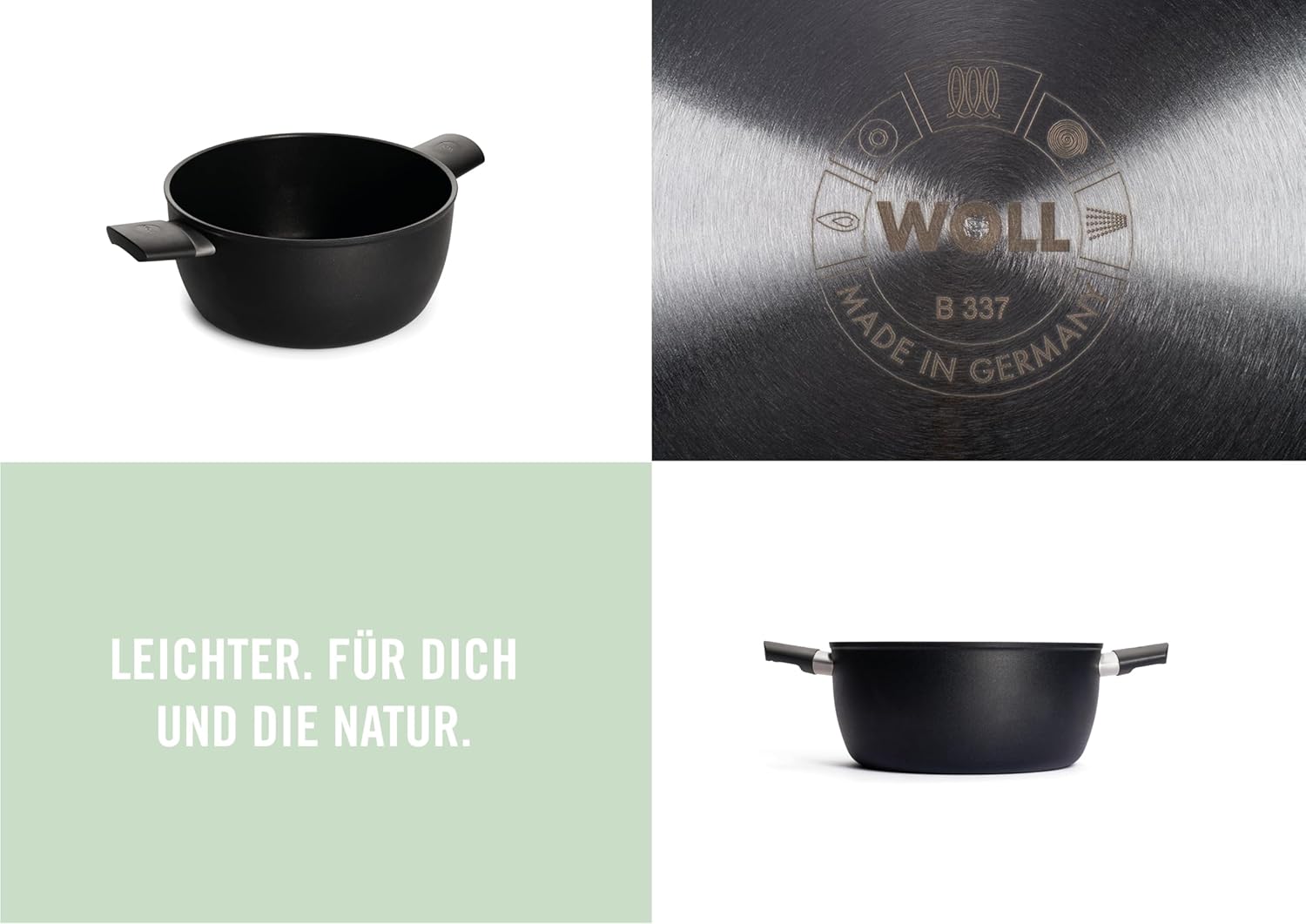 Woll Eco Lite Inductive Saucepan, Diameter 24 cm, 11 cm High, 5 litres, with 2 Side Handles, Suitable for All Types of Cookers, 100% Recycled Cast Aluminium, Oven-Safe, Black