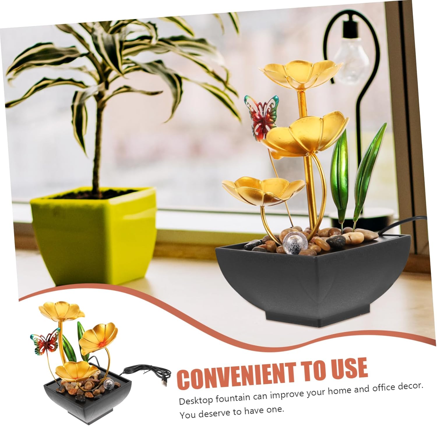 PRETYZOOM Iron Art Water Feature Fountain Solar Mini Waterfall Indoor Tabletop Decoration Relaxation Home Office Decor