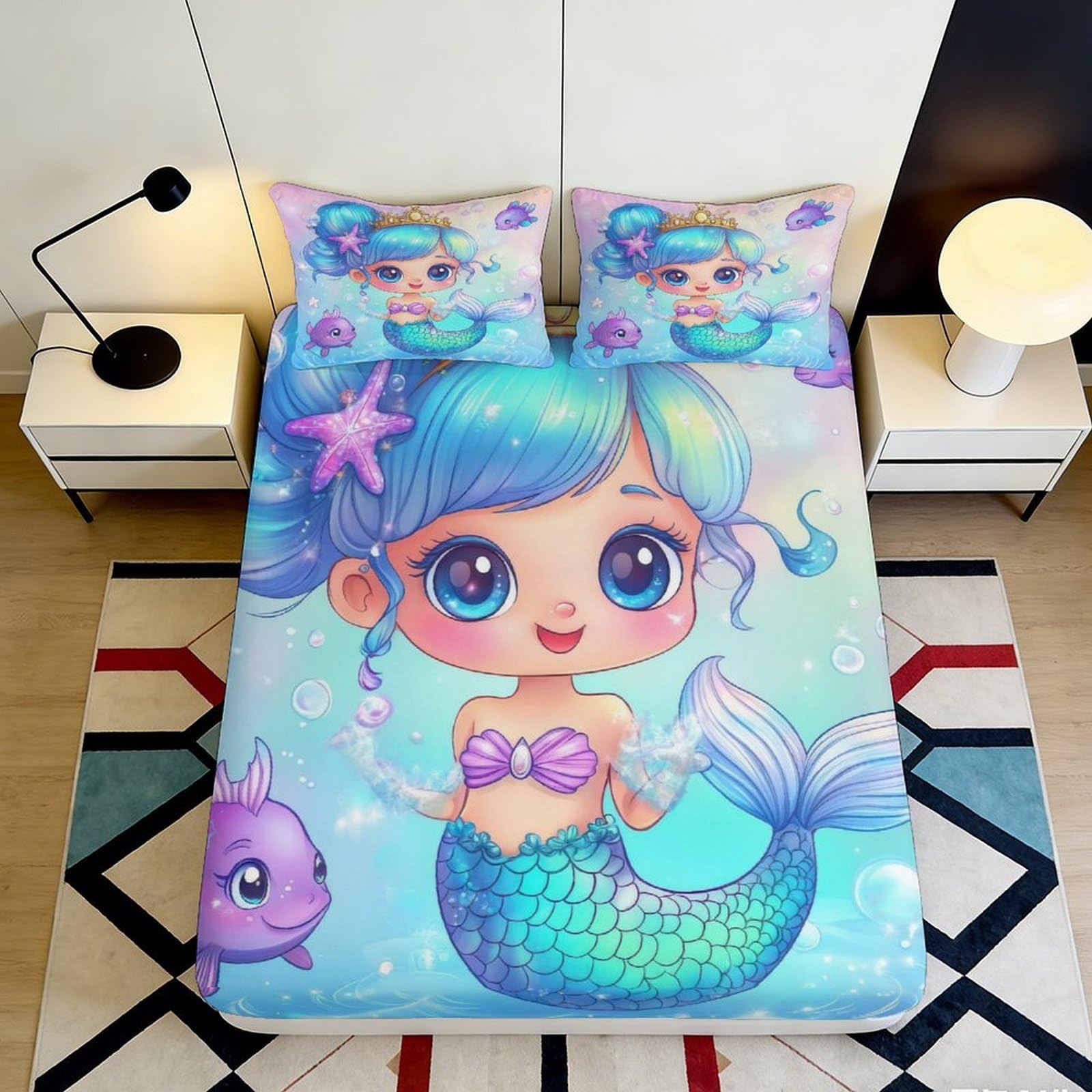 3D Printed Mermaid Fantasy Fitted Sheet Microfiber Soft Pastel Ocean Bed Cover for Bedroom Dorm Mattress Decor 90x200x25cm