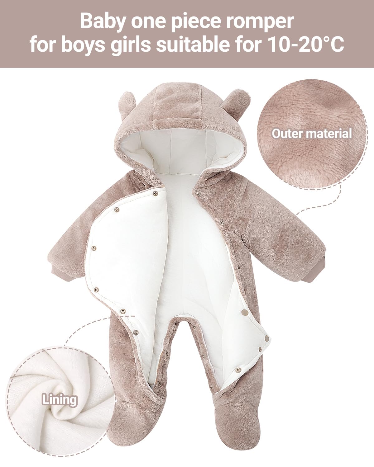 JiAmy Salopette per Neonato Romper Invernale in Flanella Playsuit con Piedini Felpa con Cappuccio Cartoon,Cachi 3-6 Mesi