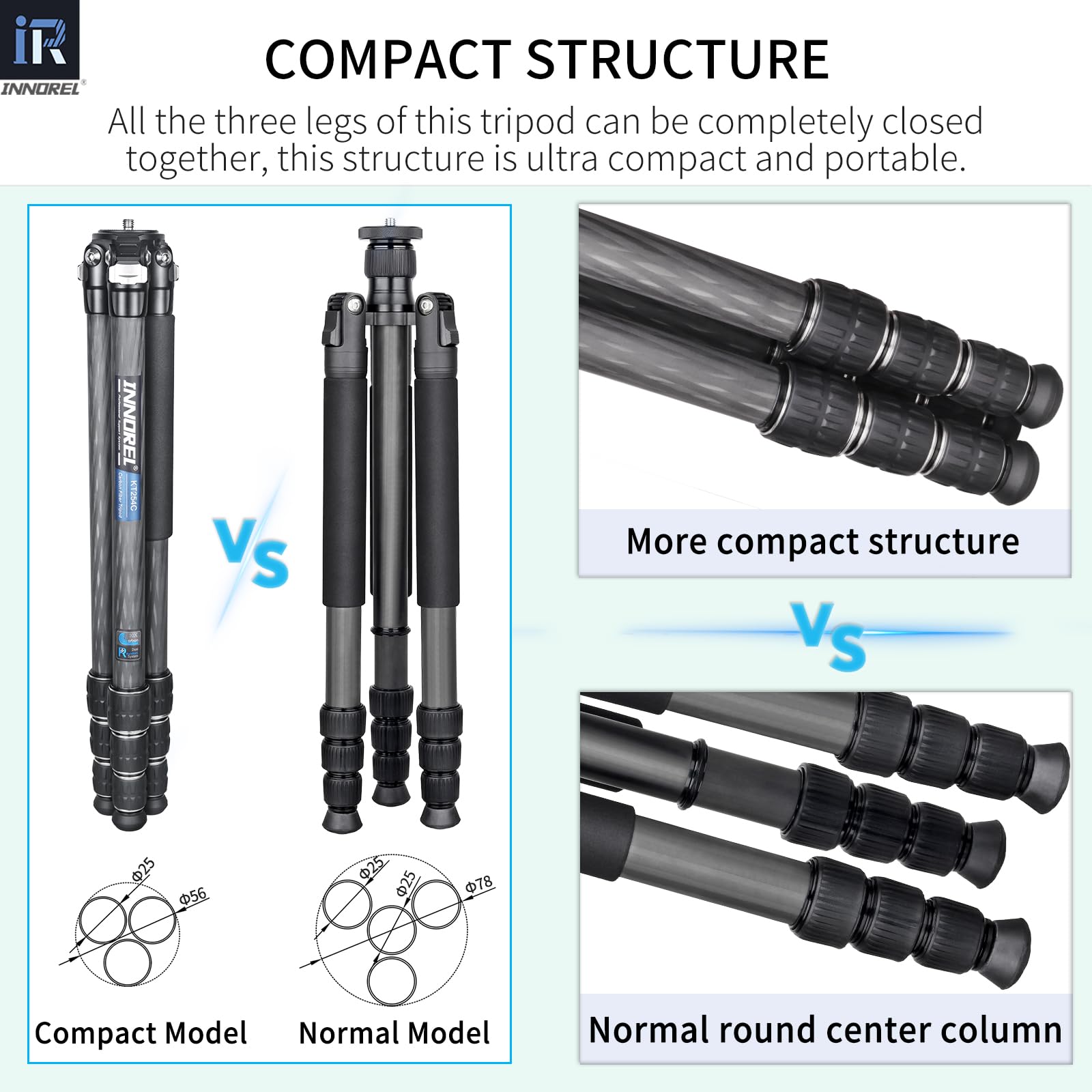 INNOREL KT254C Monopod monopod z włókna węglowego Profesjonalny przenośny kompaktowy statyw podróżny do lustrzanki cyfrowej 25,6 mm Tube obciążenie 15 kg z regulowanym prętem przedłużającym