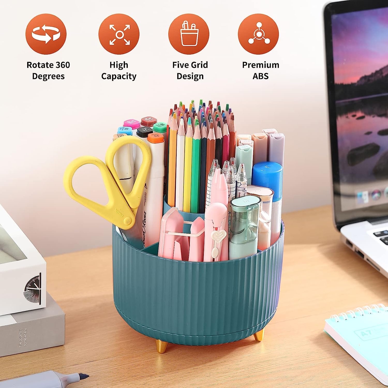 Pencil Pen Holder for Desk, 5 Slots 360Degree Rotating Pencil Pen Organizers for Desk, Desktop Storage Stationery Supplies Organizer, Cute Pencil Cup Pot for Office, School, Home, Art Supply (Green) - Image 2